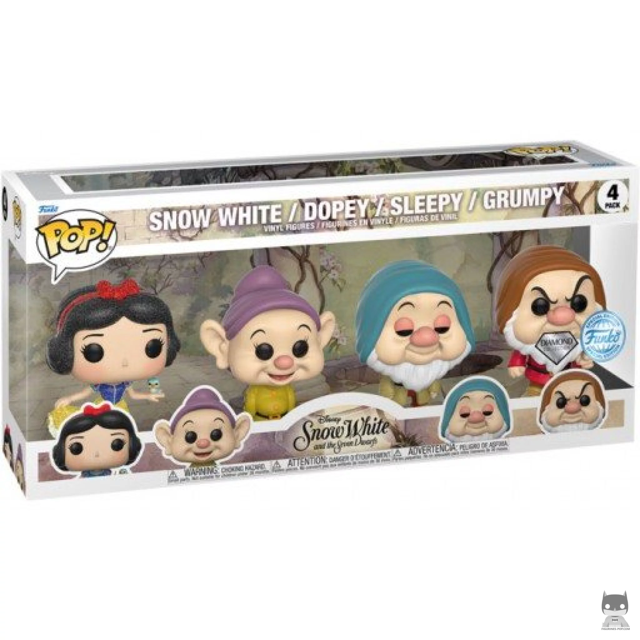 Figura Funko Pop! Blancanieves, Mudito, Dormilón & Gruñón en su caja