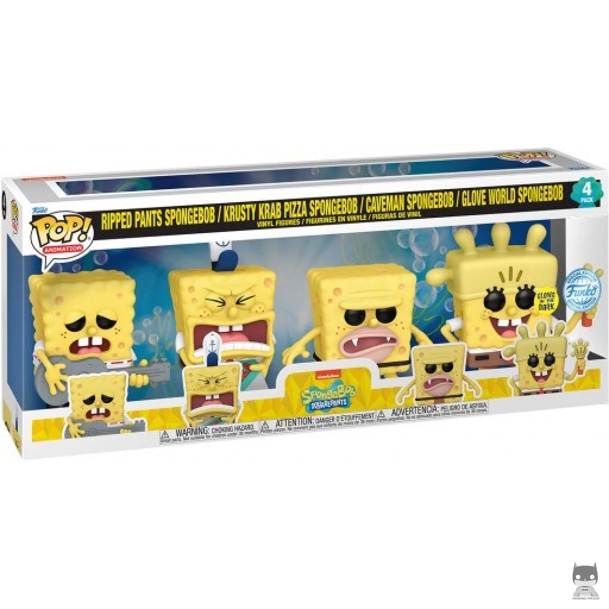 Figura Funko Pop! Bob Esponja pantalones rotos, pizza del Crustáceo Crujiente, cavernícola & Mundo Guante en su caja