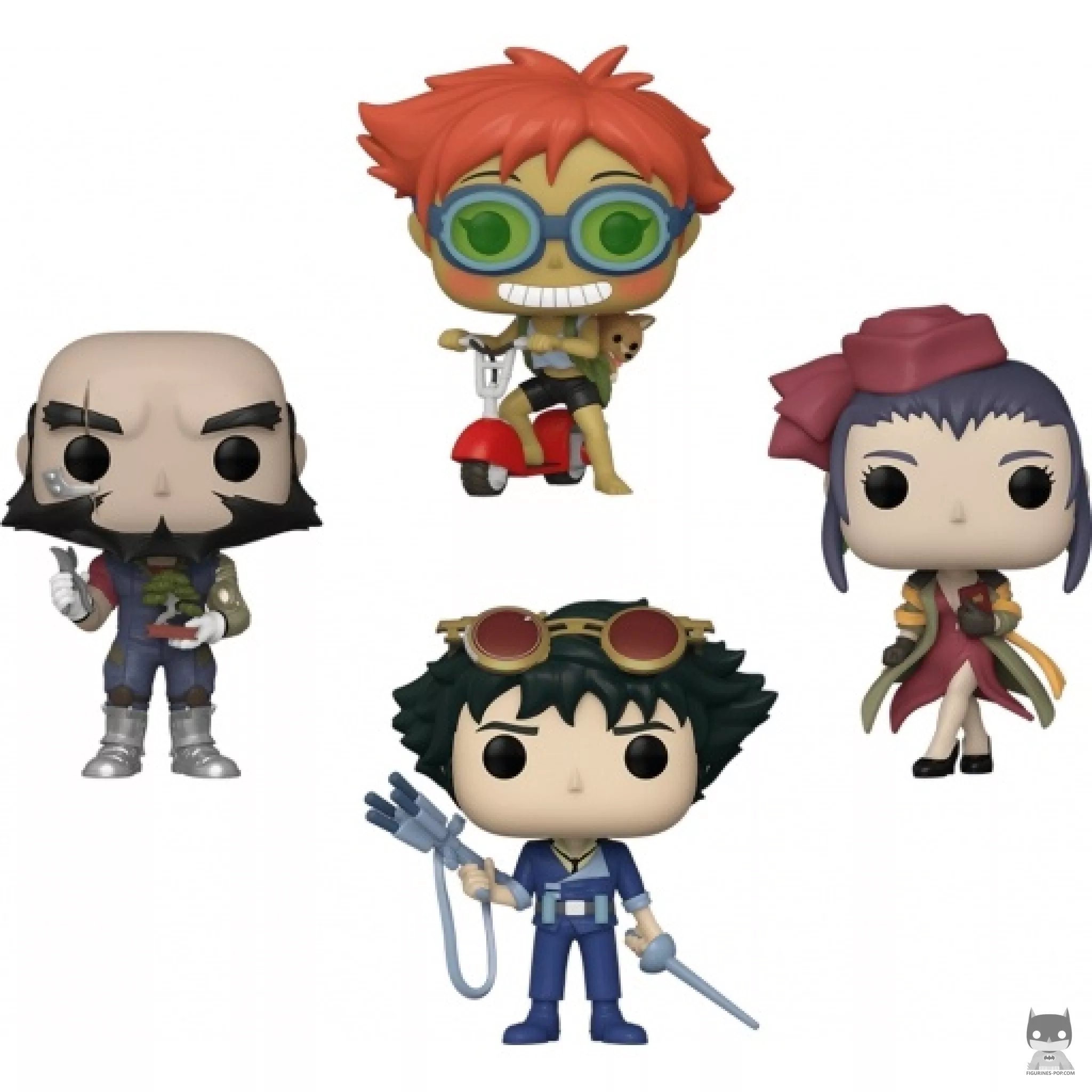 Figura Funko Pop! Spike Spiegel, Jet Black, Faye Valentine, Ed & Ein en scooter (Cowboy Bebop)