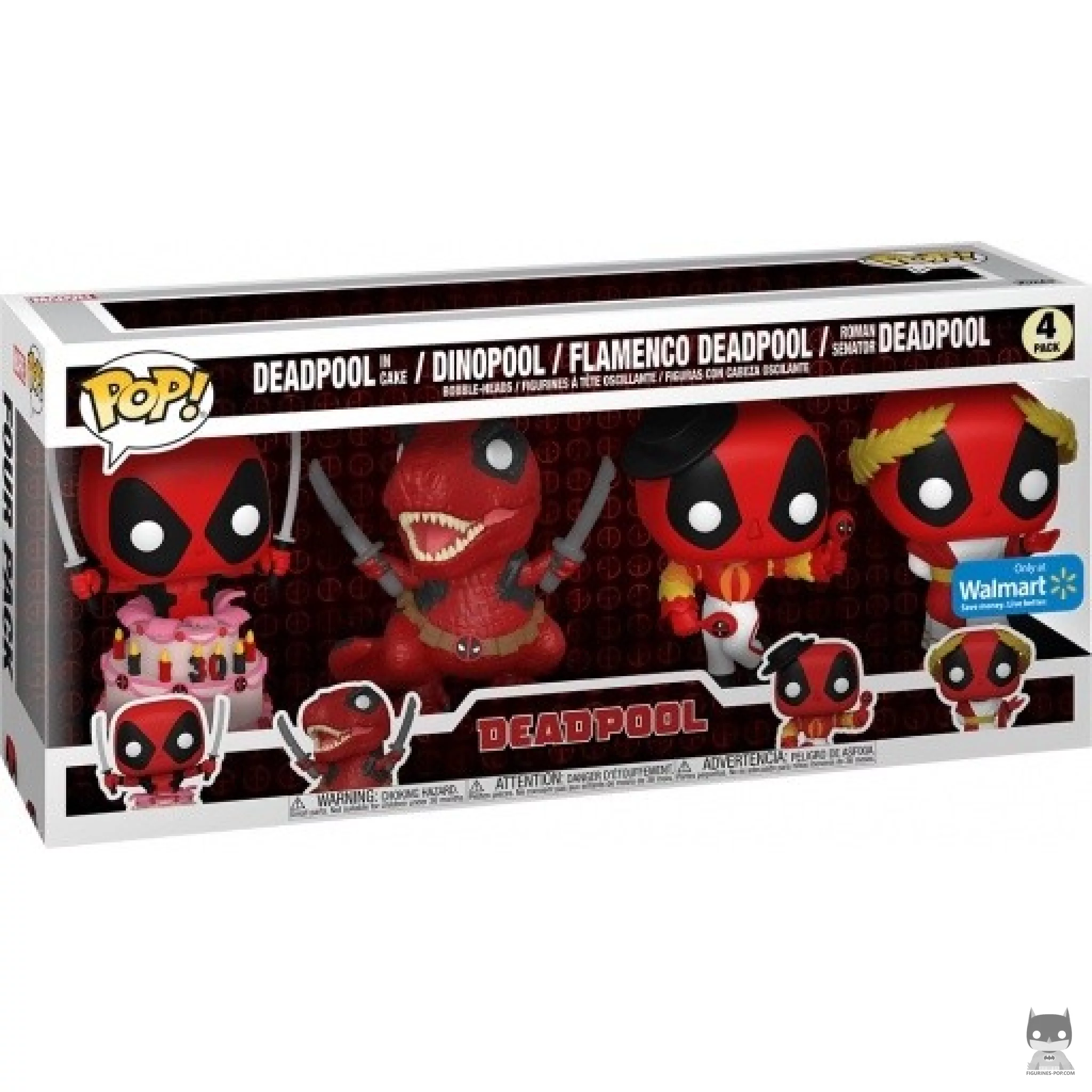 Figura Funko Pop! Deadpool en la tarta, Dinopool, Deadpool flamenco & Deadpool senador romano en su caja