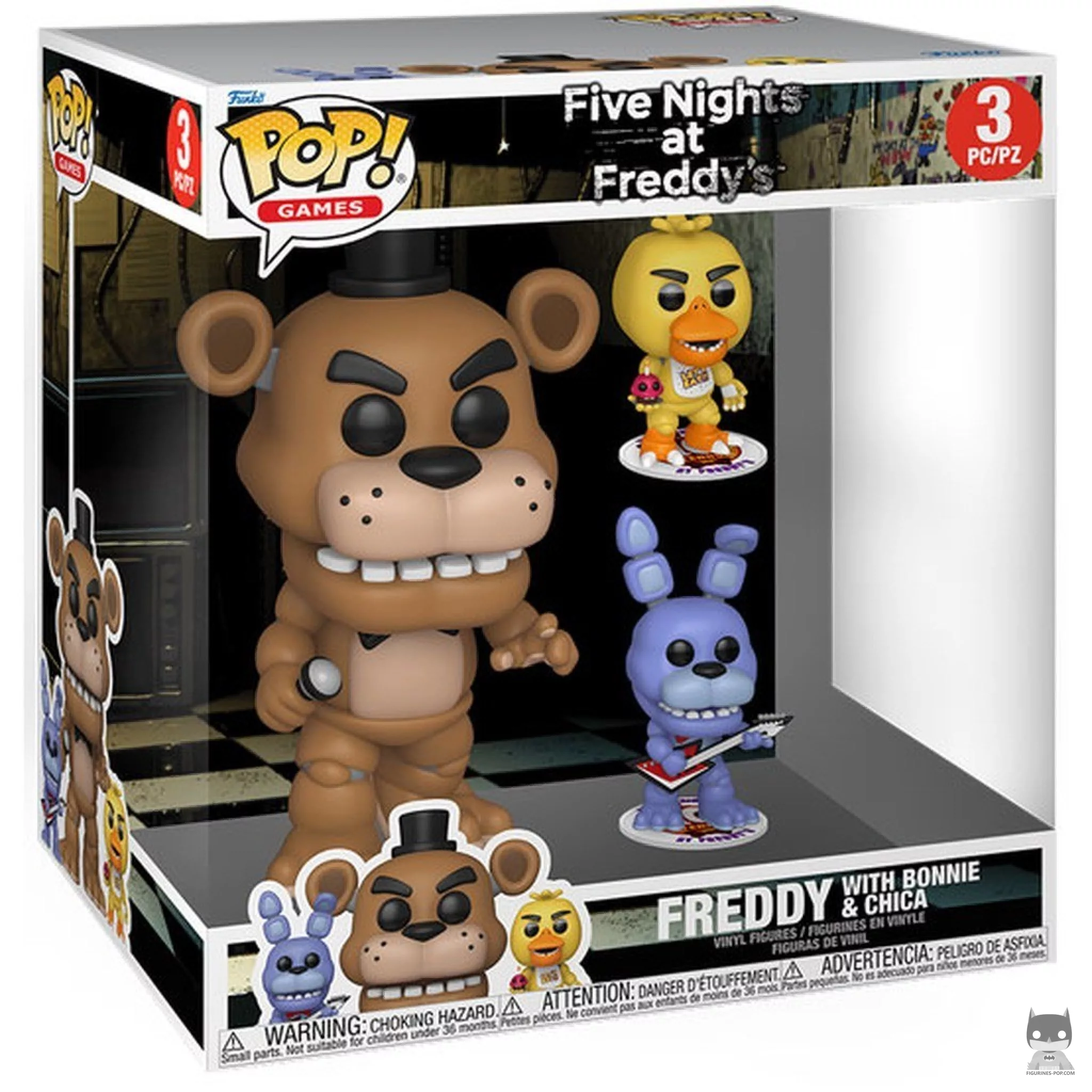 Figura Funko Pop! Freddy con Bonnie & Chica (Supersized) en su caja