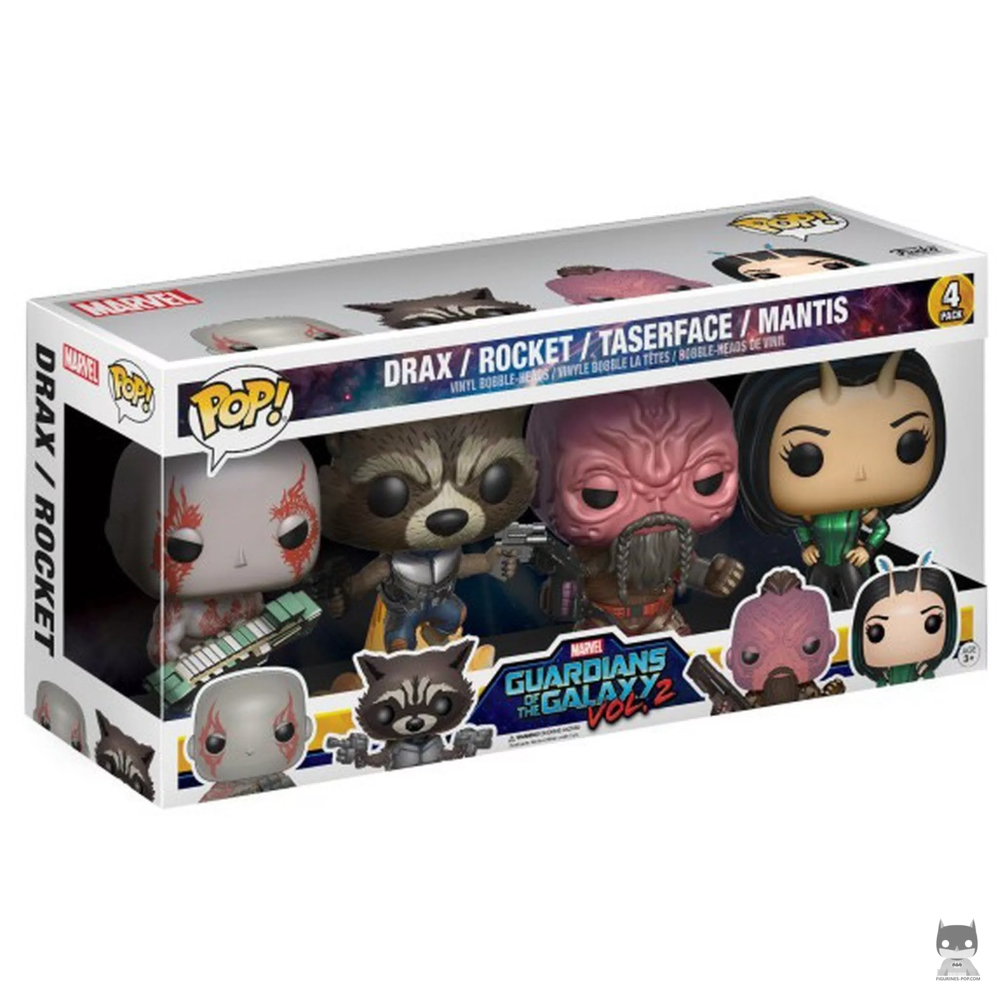 Figura Funko Pop! Drax, Rocket, Taserface & Mantis en su caja