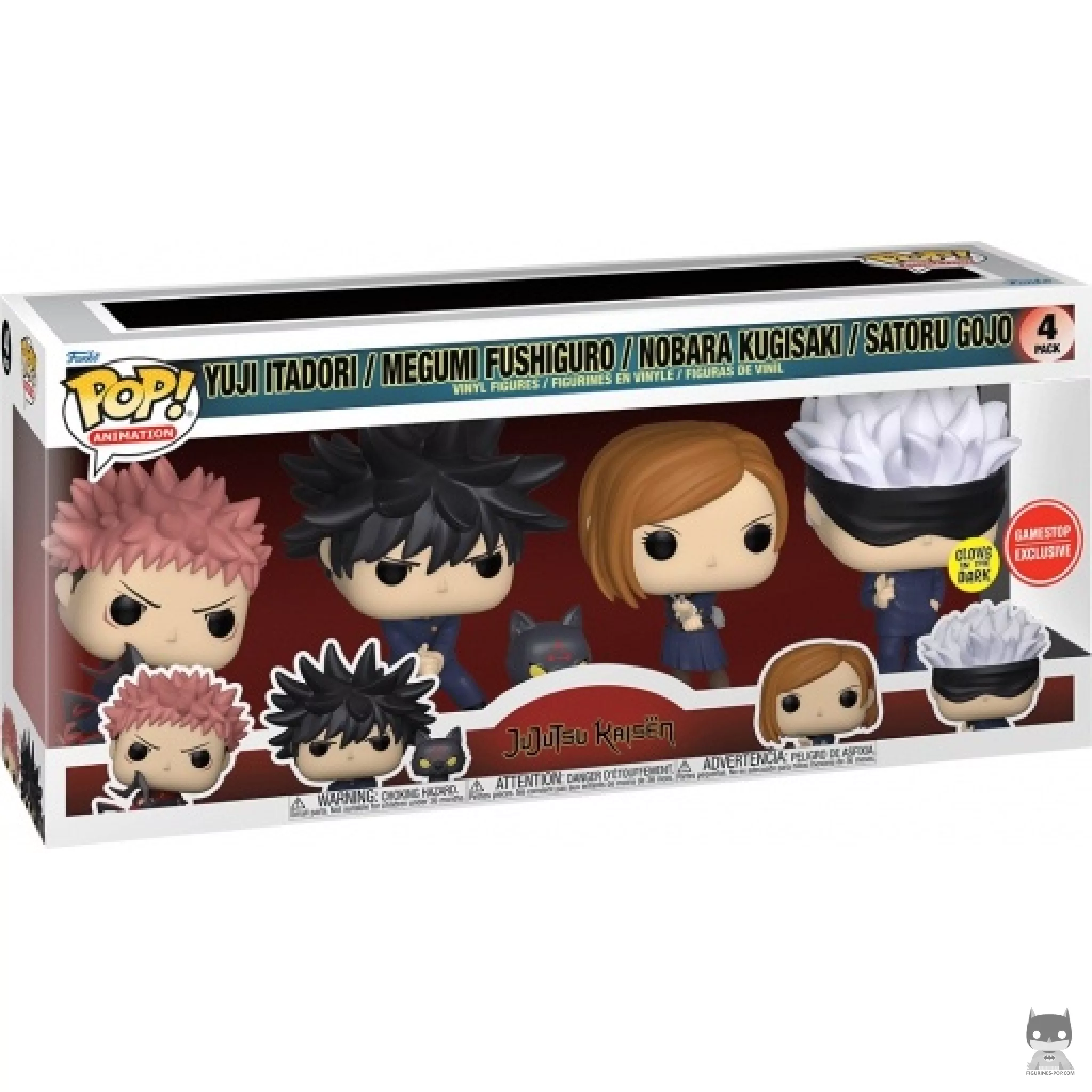 Figura Funko Pop! Yuji Itadori, Megumi Fushiguro, Nobara Kugisaki & Satoru Gojo (Brilla en la oscuridad) en su caja