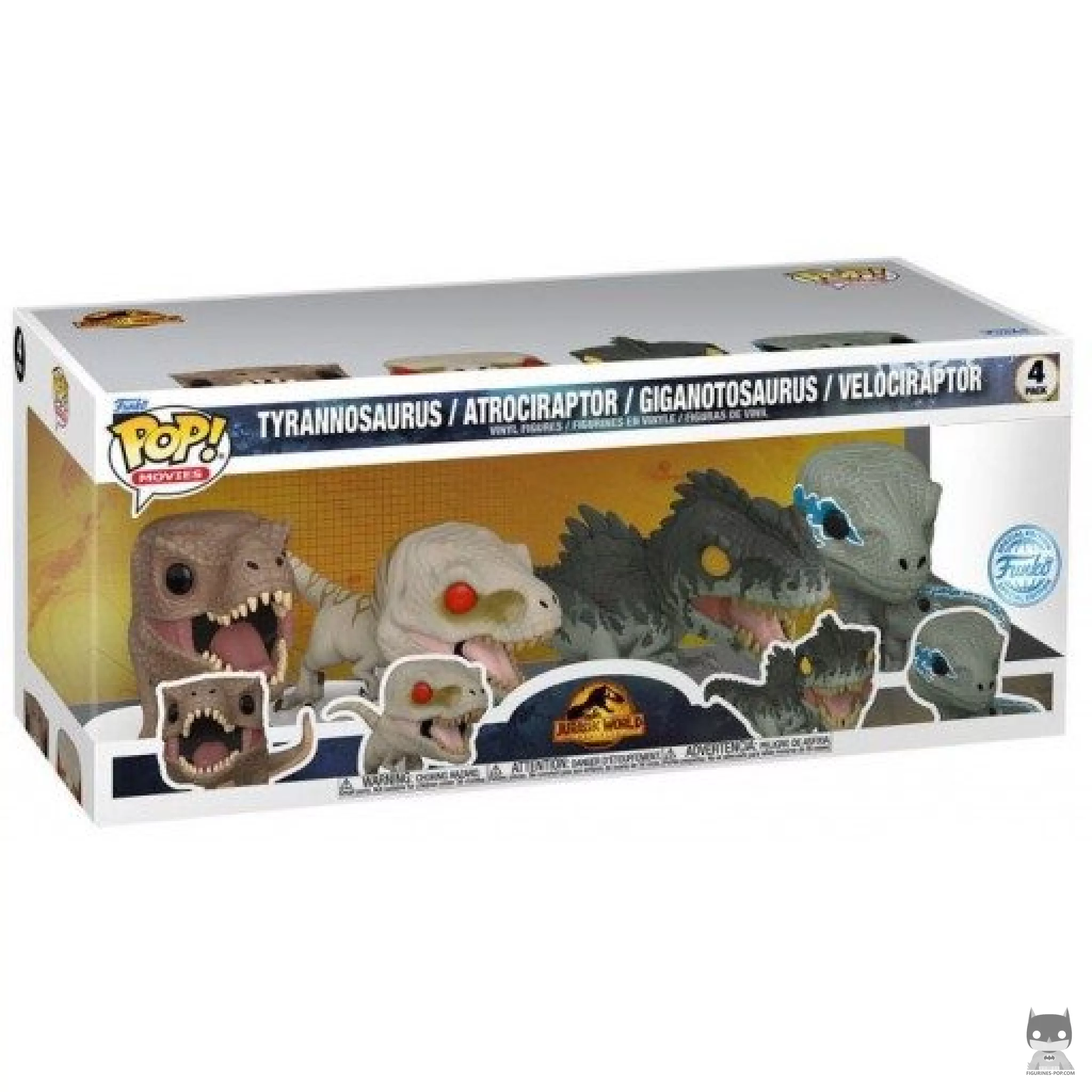 Figura Funko Pop! Tiranosaurio, atrociraptor, giganotosaurus & velociraptor en su caja