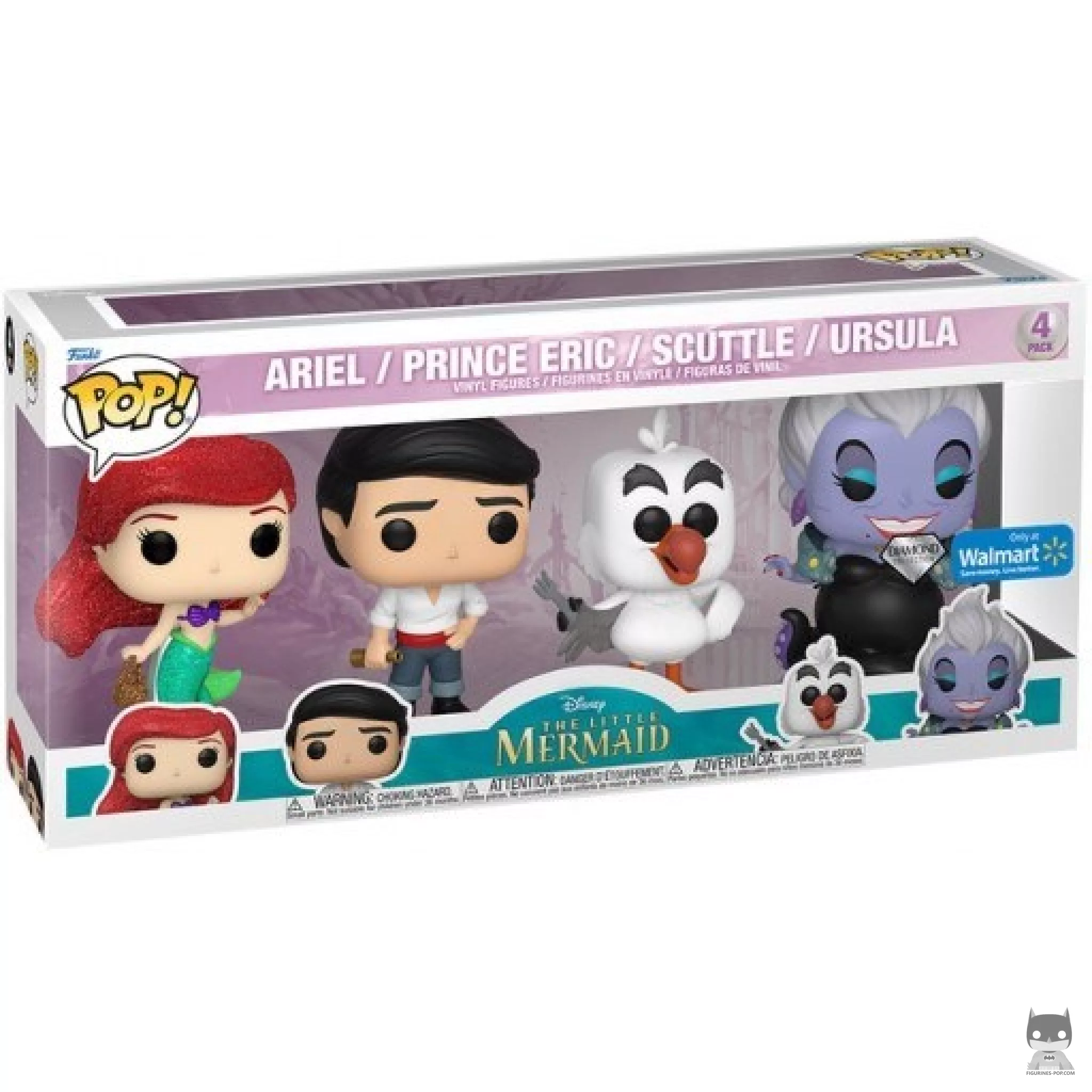 Figura Funko Pop! Ariel, Príncipe Eric, Scuttle & Úrsula (Purpurina diamante) en su caja