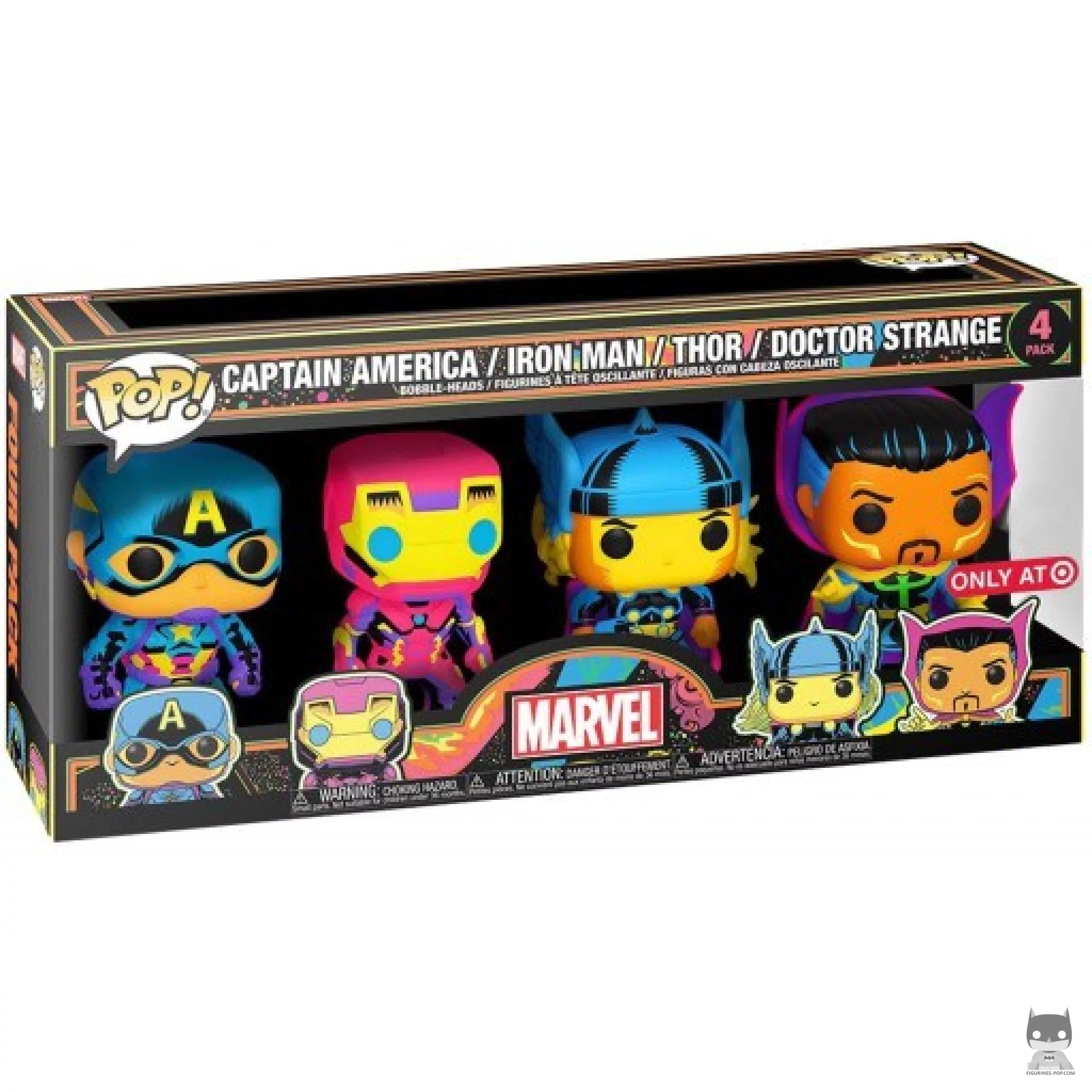 Figura Funko Pop! Capitán América, Iron Man, Thor & Doctor Strange (Luz negra) en su caja