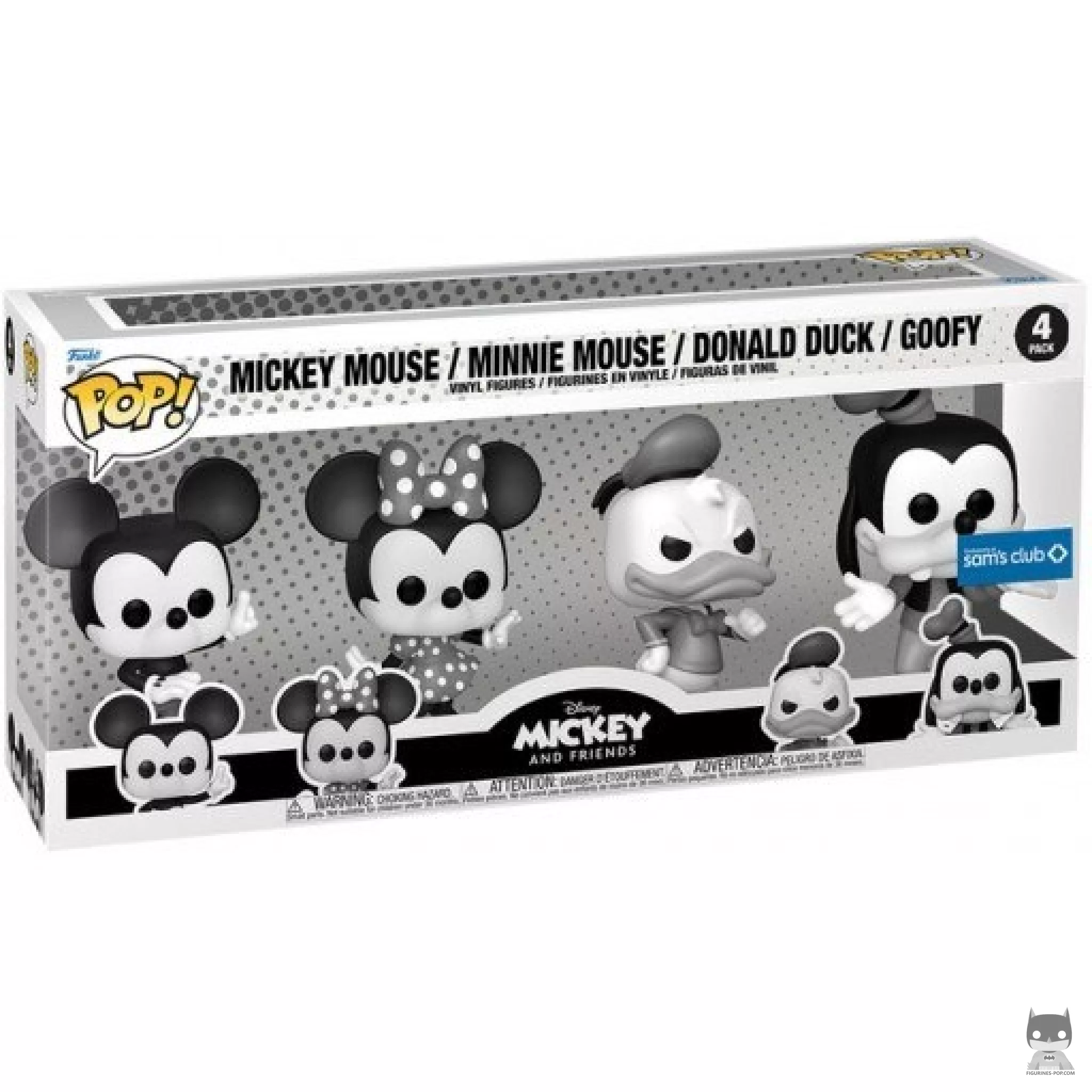 Figura Funko Pop! Mickey Mouse, Minnie Mouse, Pato Donald & Goofy (Blanco y negro) en su caja