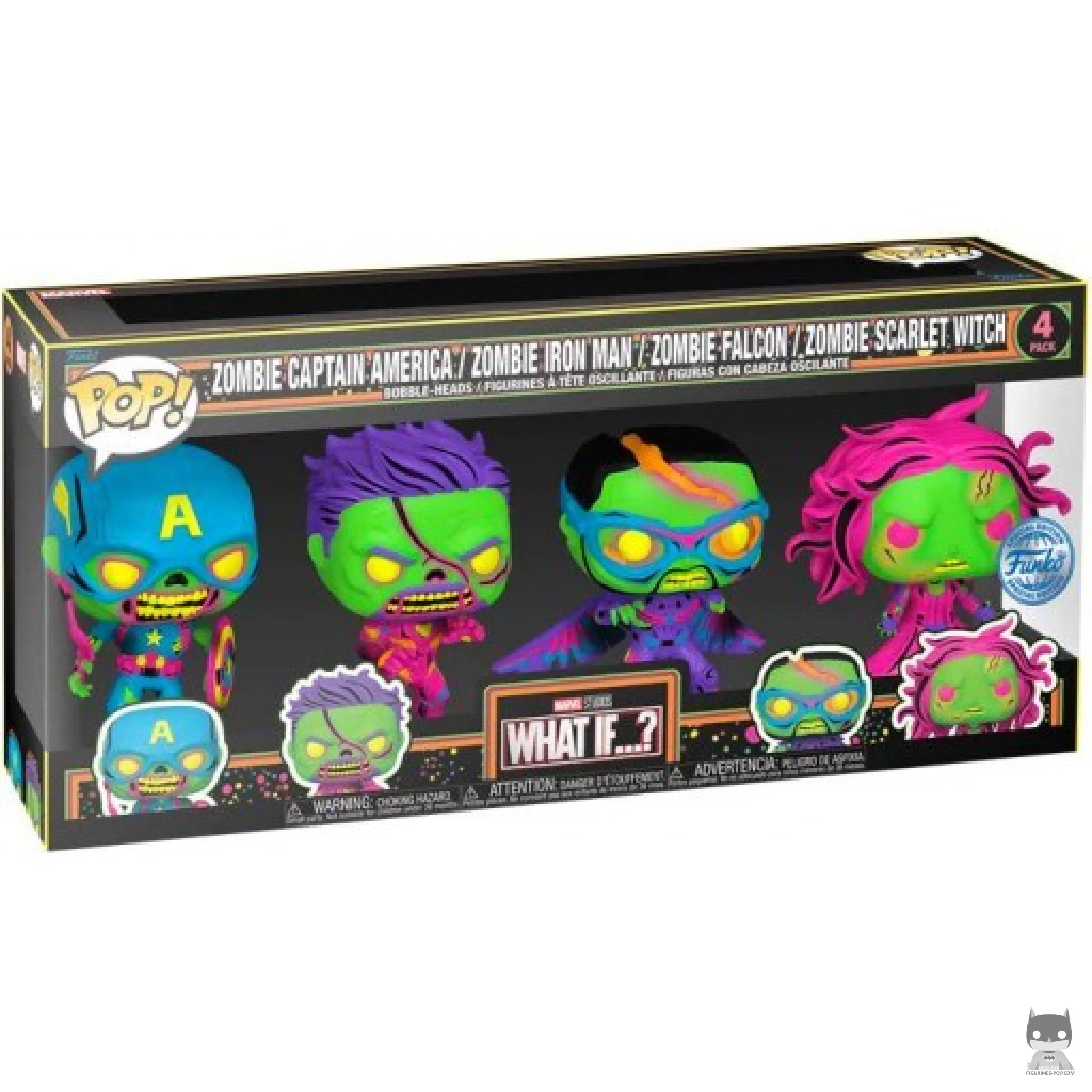 Figura Funko Pop! Capitán América zombi, Iron Man zombi, Halcón zombi & Bruja Escarlata zombi (Luz negra) en su caja