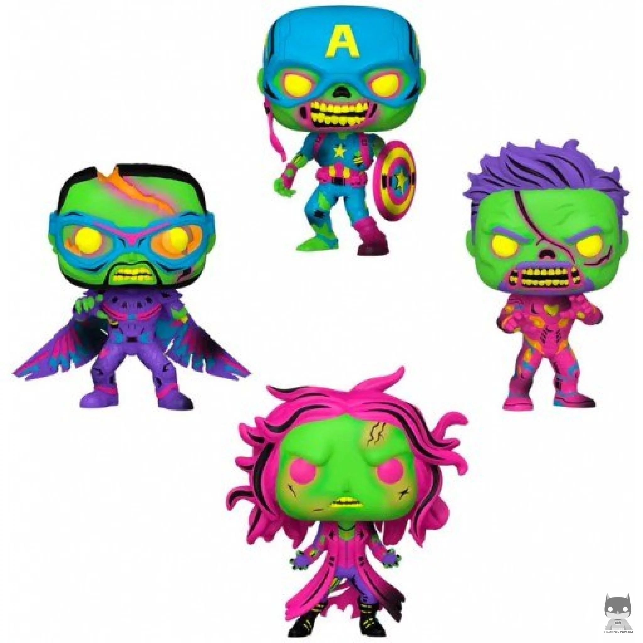 Figura Funko Pop! Capitán América zombi, Iron Man zombi, Halcón zombi & Bruja Escarlata zombi (Luz negra) (¿Qué pasaría si...?)