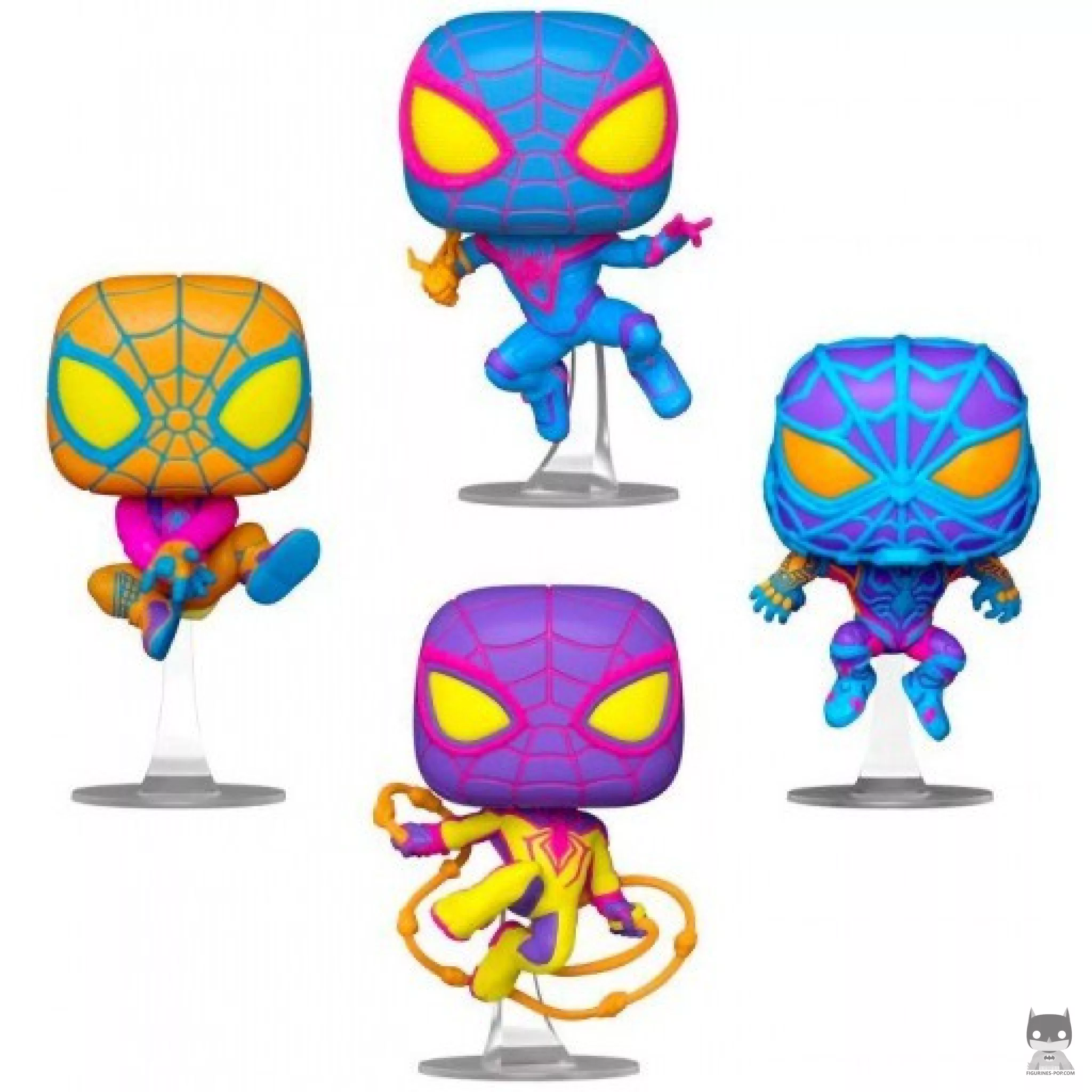 Figura Funko Pop! Miles Morales: Traje clásico, Traje S.T.R.I.K.E., Traje Bodega Cat & Traje T.R.A.C.K (Luz negra) (Spider-Man: Miles Morales)