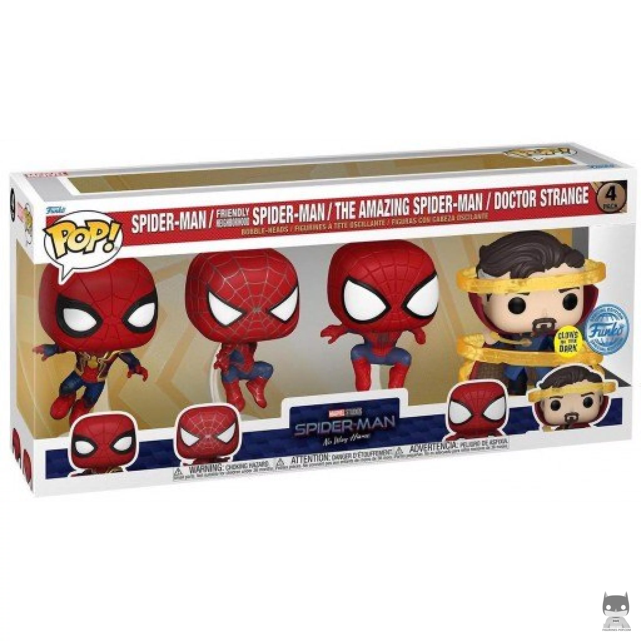 Figura Funko Pop! 3 Spider-Man (Tom Holland, Andrew Garfield & Tobey Maguire) & Doctor Strange (Brilla en la oscuridad) en su caja
