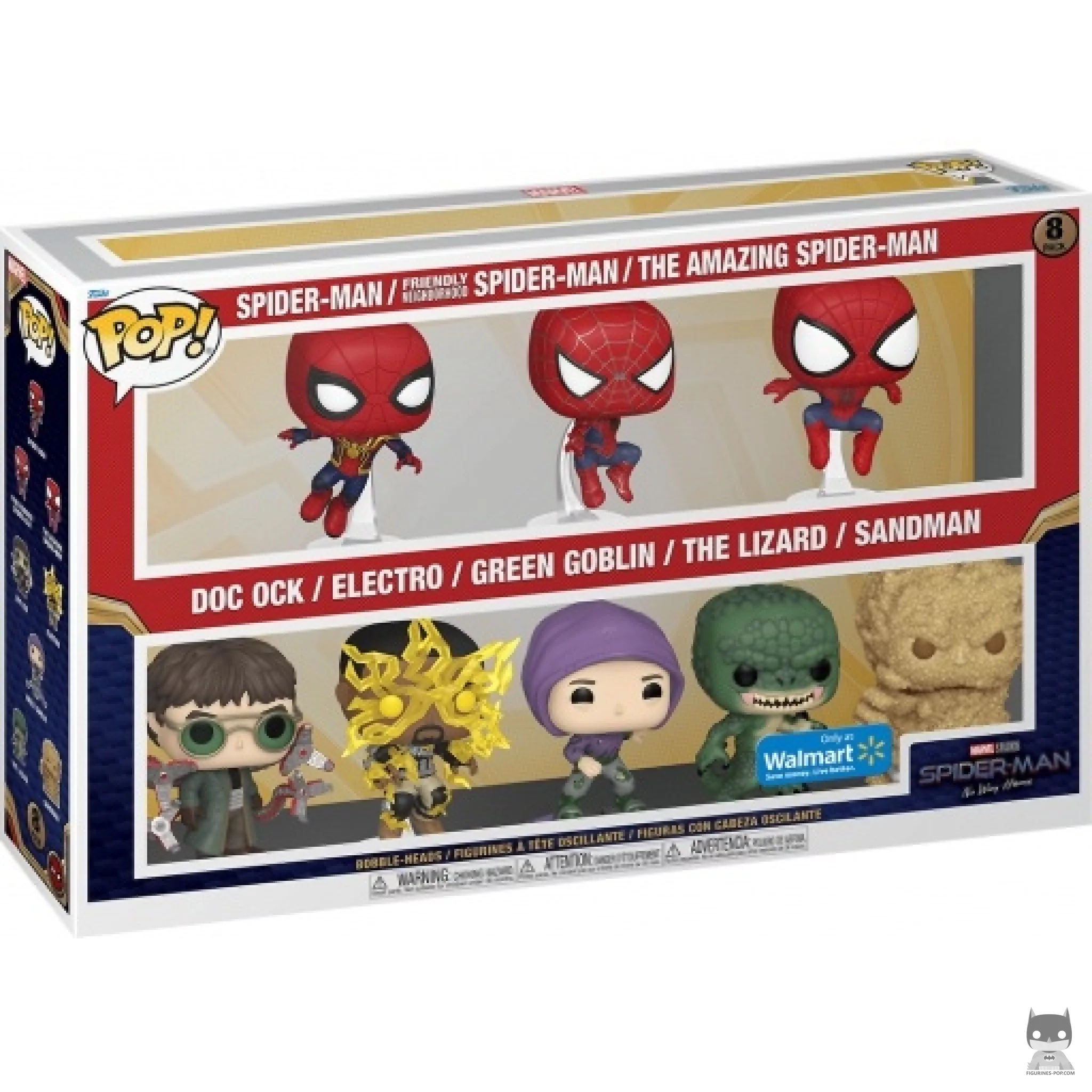 Figura Funko Pop! Spider-Man, Tu amigo y vecino Spider-Man, The Amazing Spider-Man, Doctor Octopus, Electro, Duende Verde, El Lagarto & Hombre de Arena en su caja