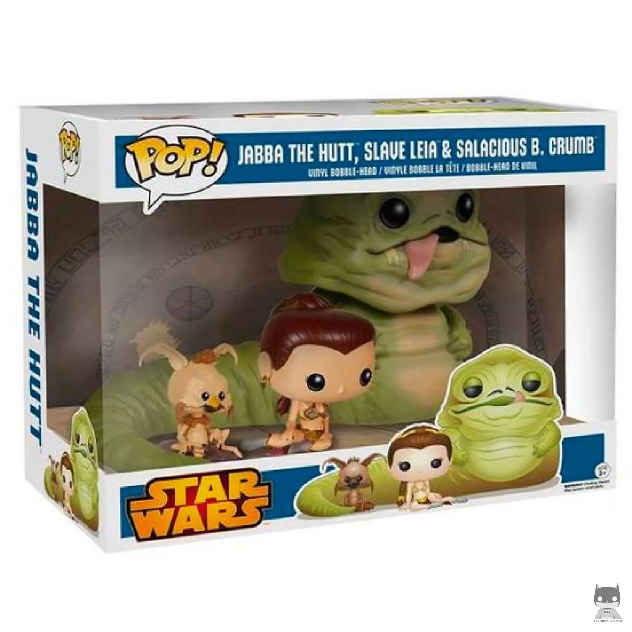 Figura Funko Pop! Jabba el Hutt, Leia esclava & Salacious B. Crumb (Supersized) en su caja