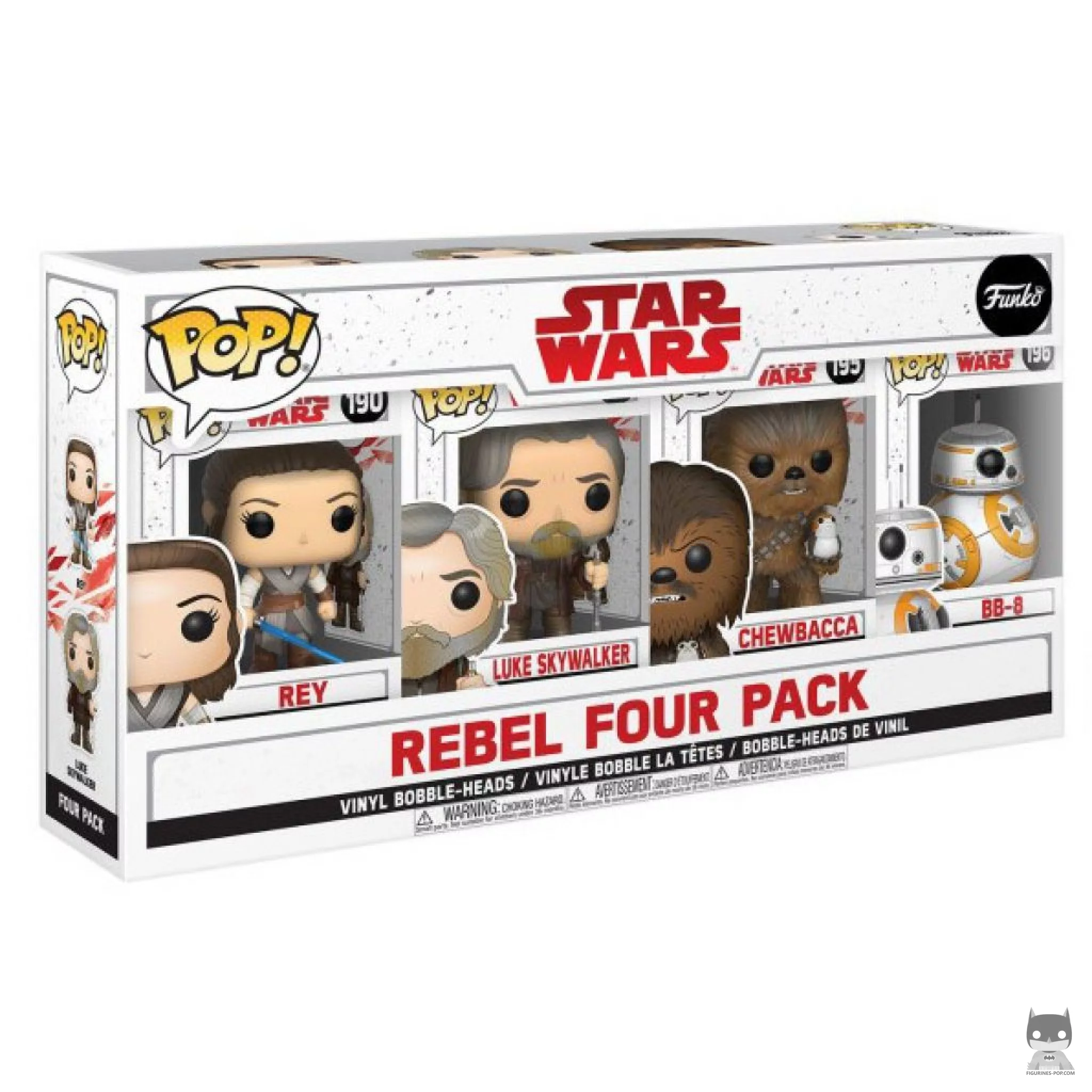 Figura Funko Pop! Los buenos (Rey, Luke Skywalker, Chewbacca & BB-8) en su caja