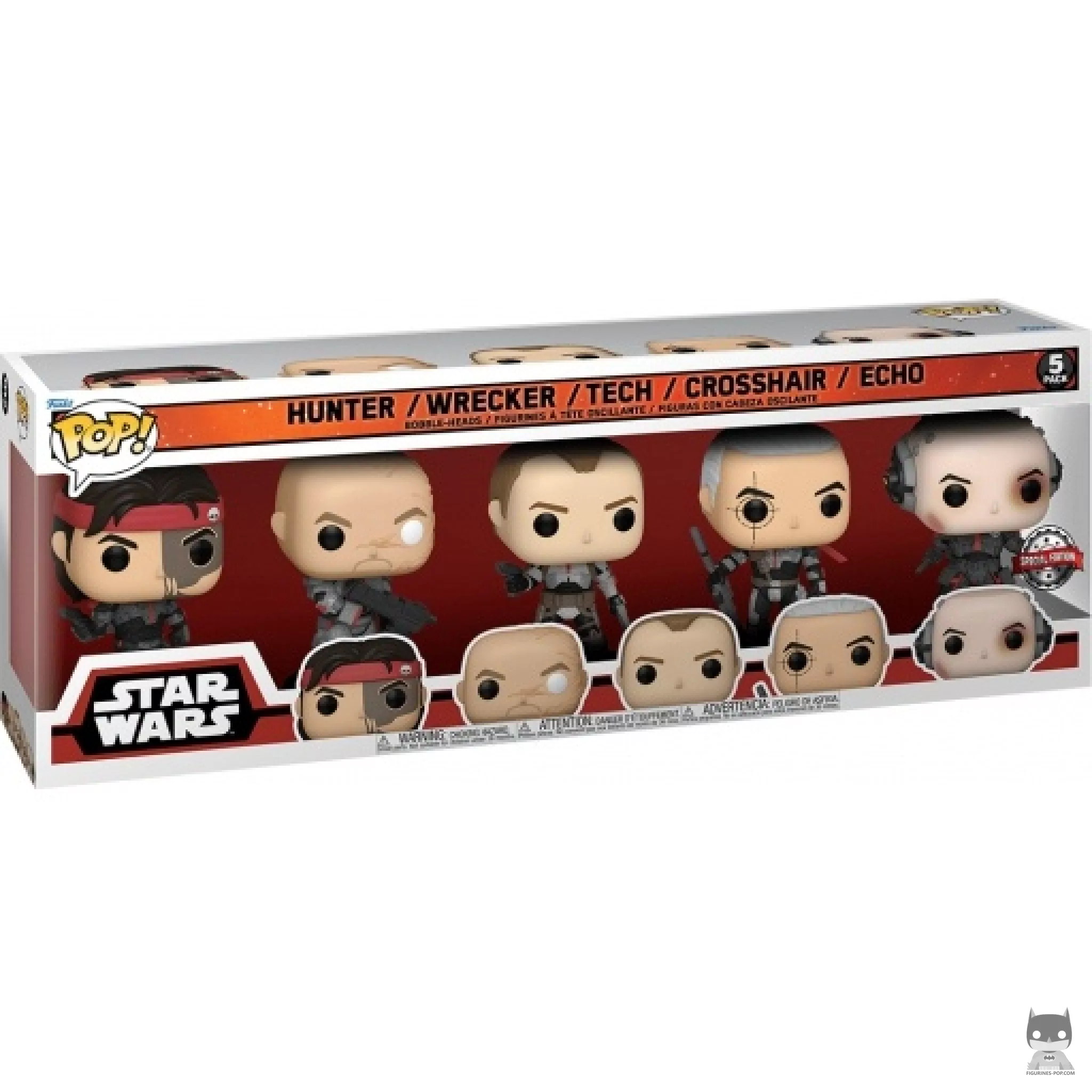 Figura Funko Pop! Pack Star Wars: La Remesa Mala (Hunter, Wrecker, Tech, Crosshair & Echo) en su caja