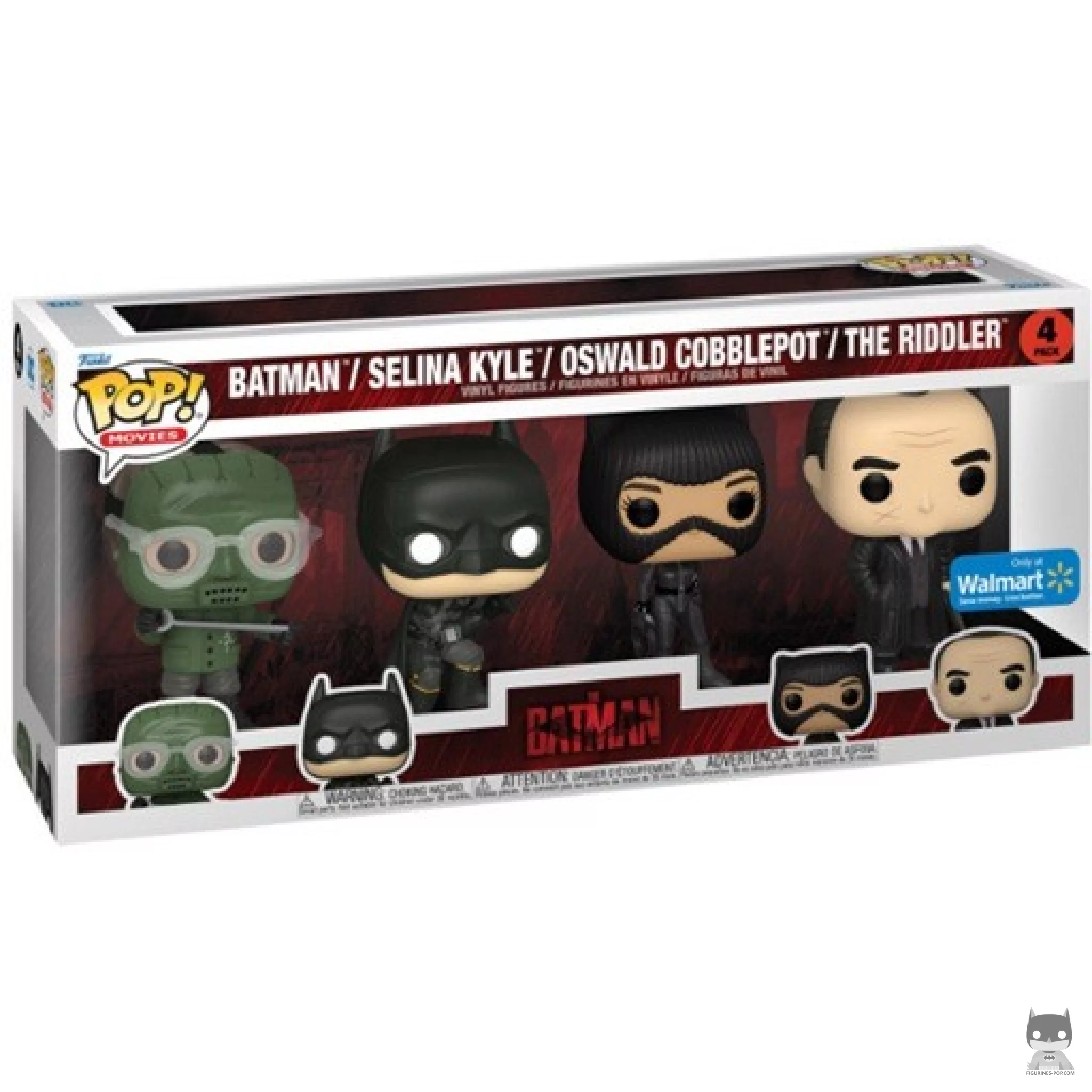 Figura Funko Pop! Batman, Selina Kyle, Oswald Cobblepot & Enigma en su caja