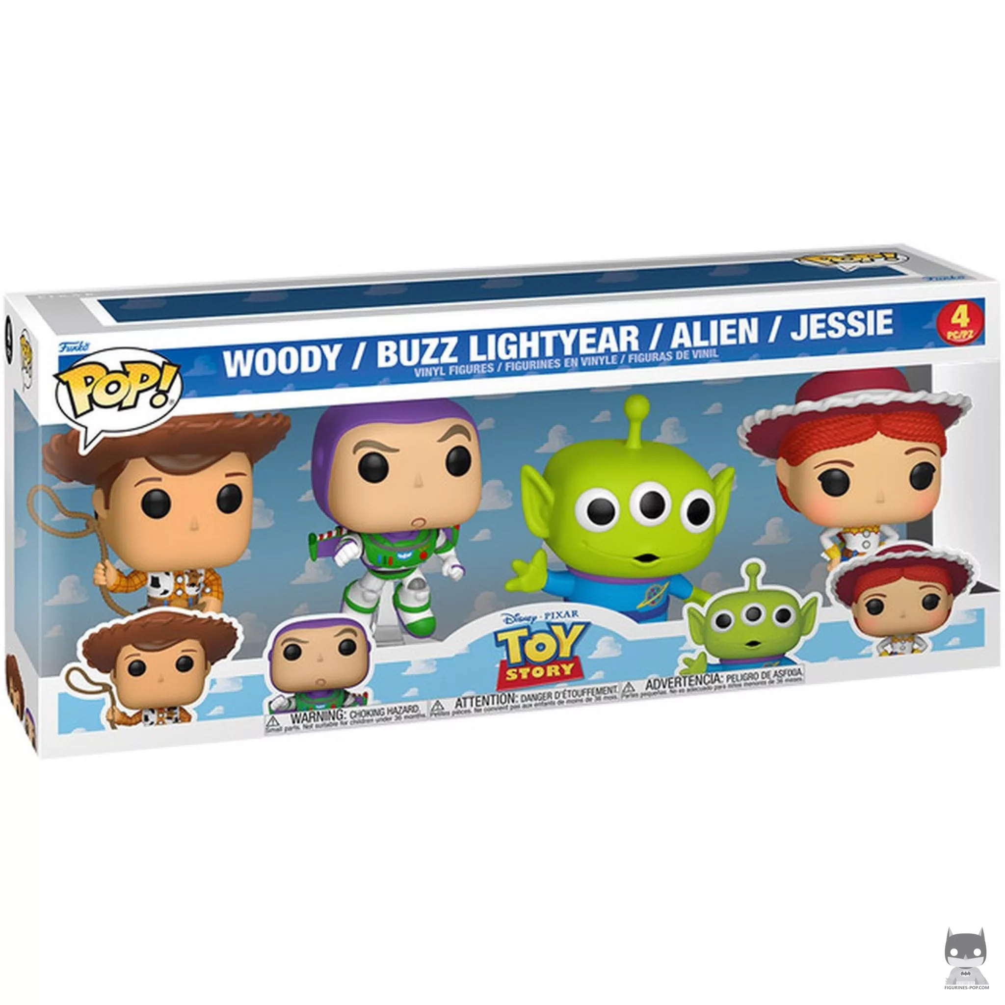 Figura Funko Pop! Woody, Buzz Lightyear, Marciano & Jessie en su caja