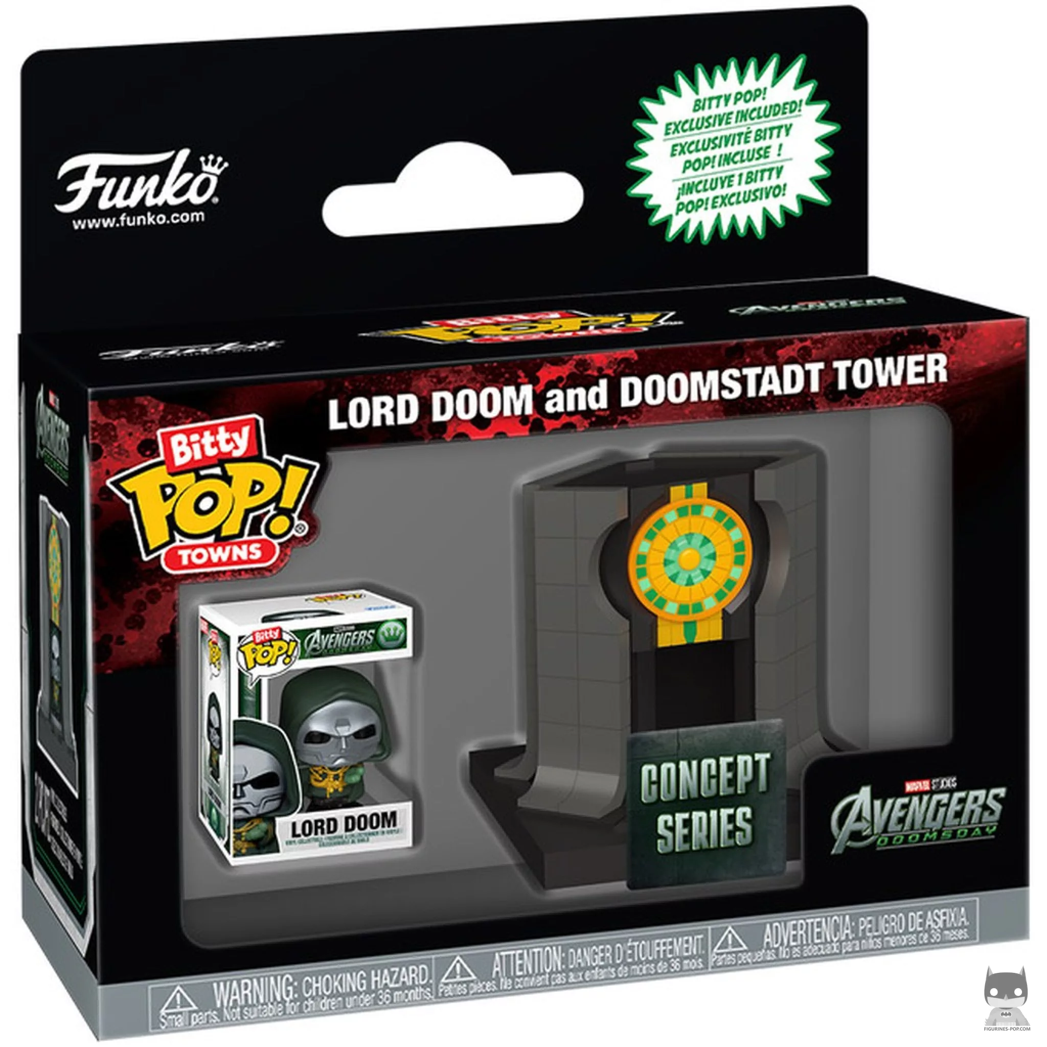 Figura Funko Pop! Lord Doom y la Torre de Doomstadt en su caja