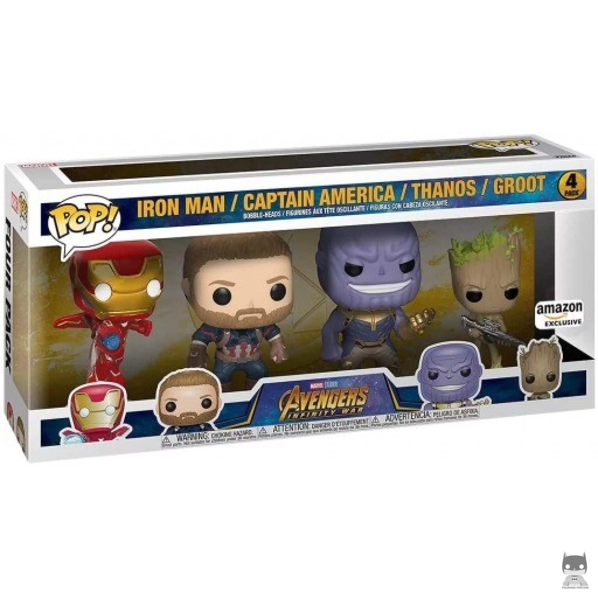 Figura Funko Pop! Iron Man, Capitán América, Thanos & Groot en su caja