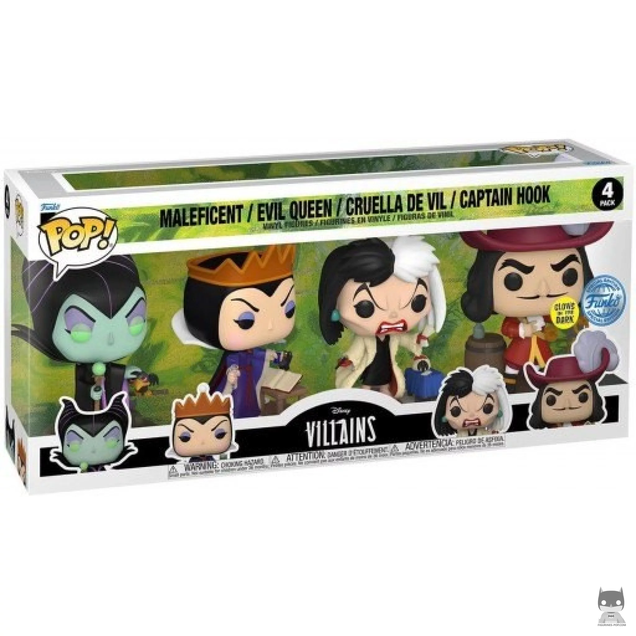 Figura Funko Pop! Maléfica, Reina Malvada, Cruella de Vil & Capitán Garfio en su caja
