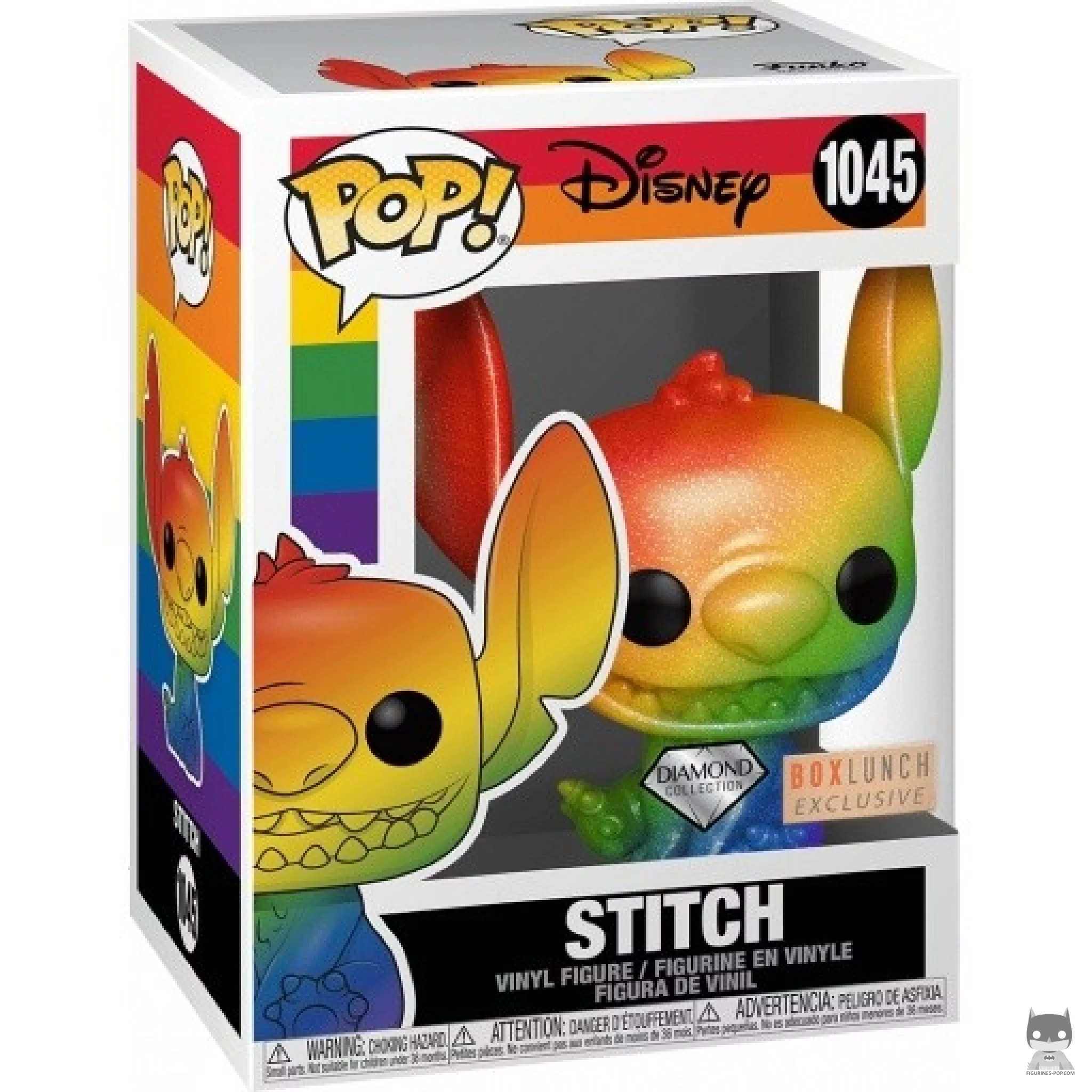 Figura Funko Pop! Stitch sonriendo (Arcoíris & Purpurina de diamante) en su caja