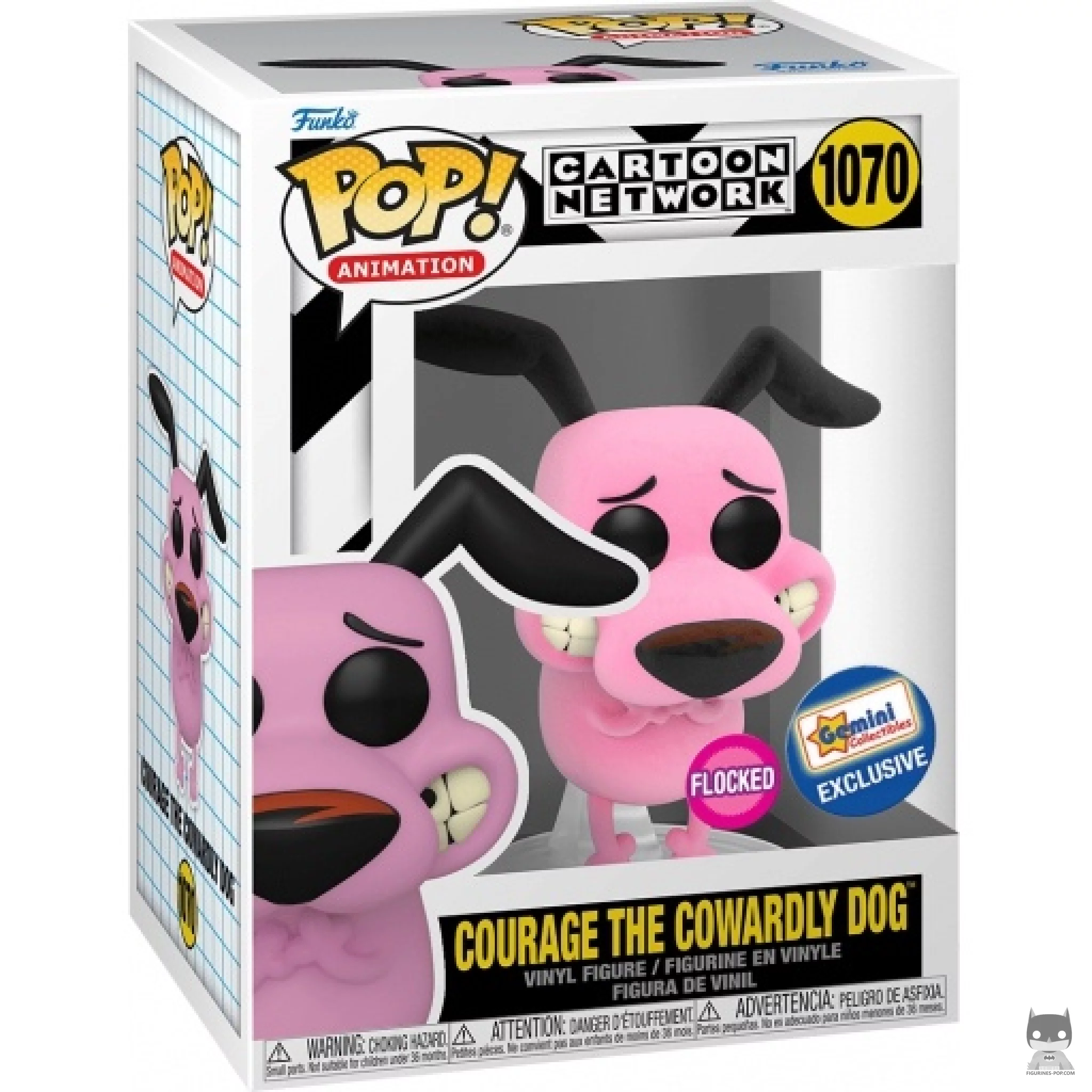 Figura Funko Pop! Coraje, el perro cobarde (Flocado) en su caja