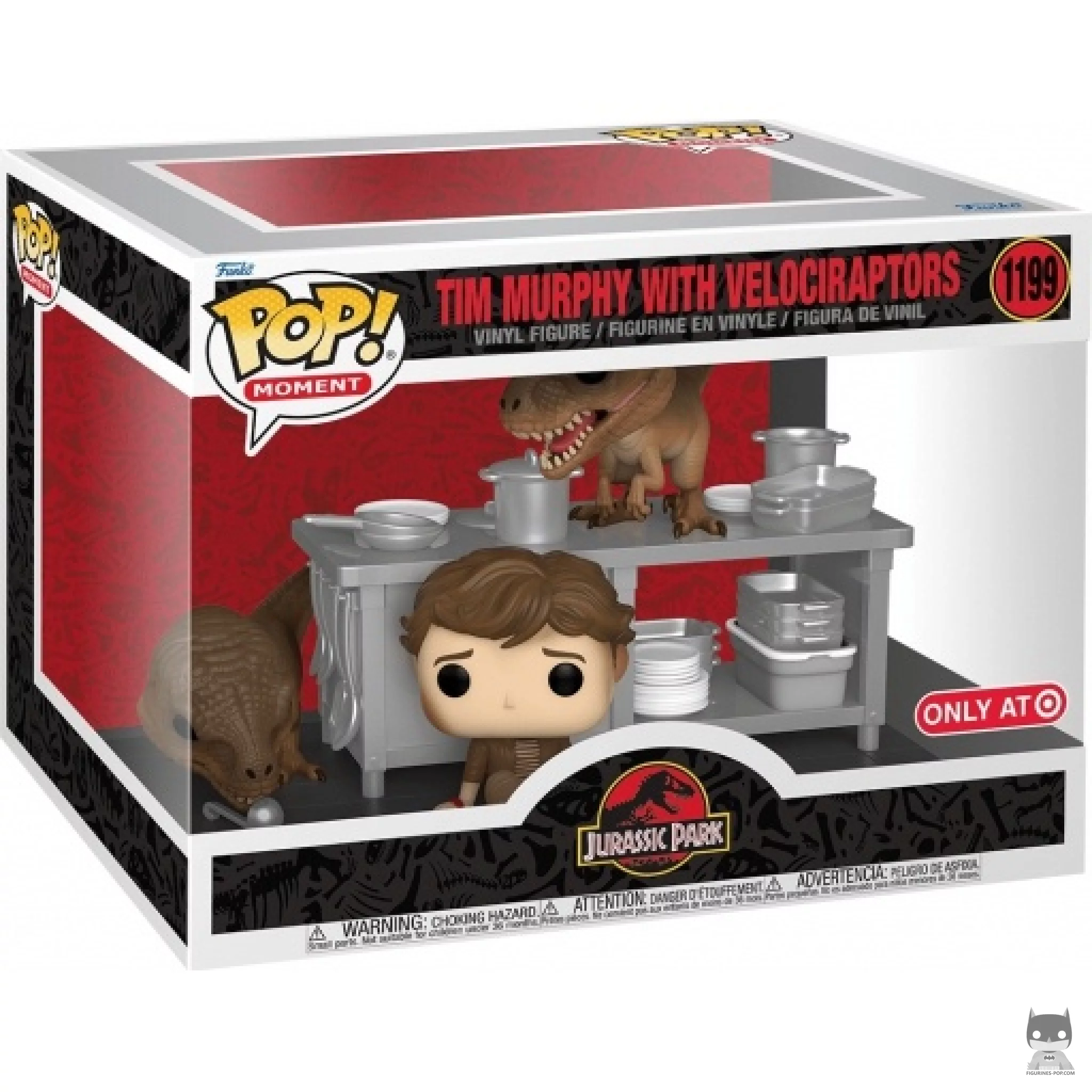 Figura Funko Pop! Tim Murphy con velociraptores en su caja