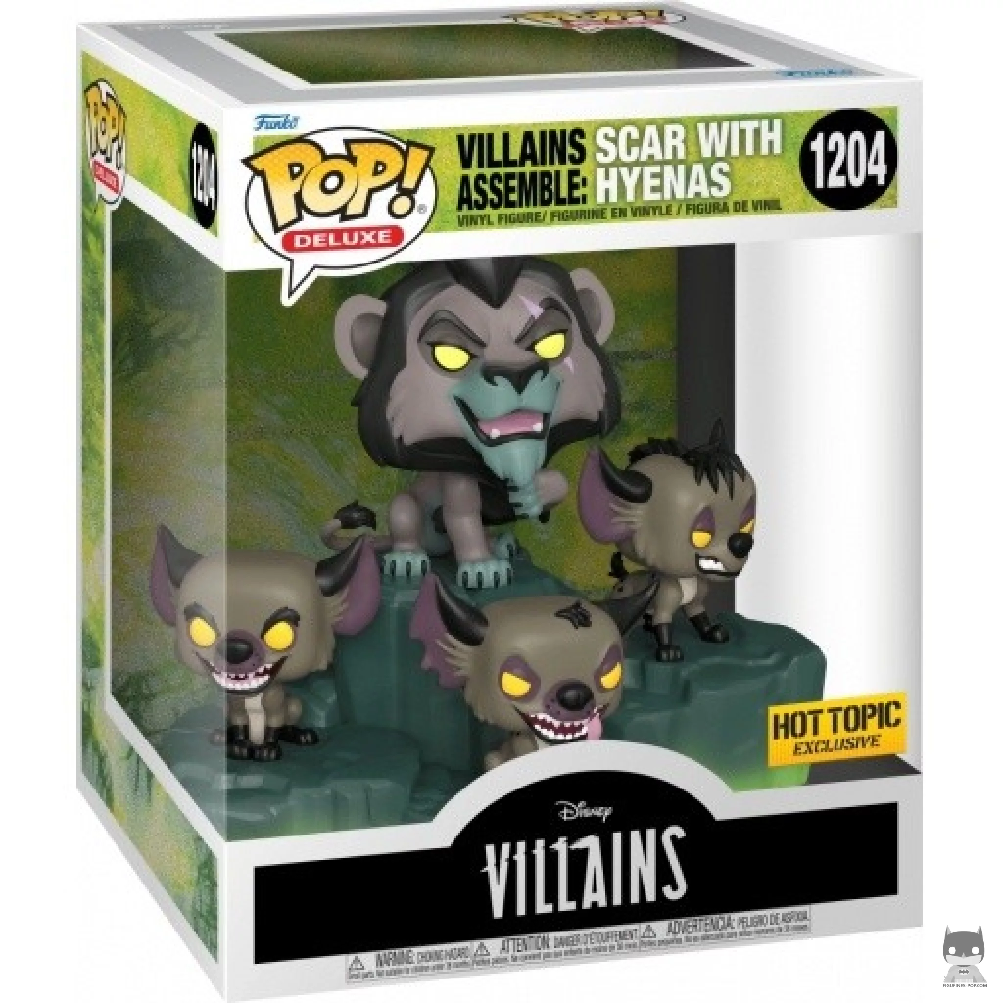Figura Funko Pop! Villanos unidos: Scar con las hienas en su caja