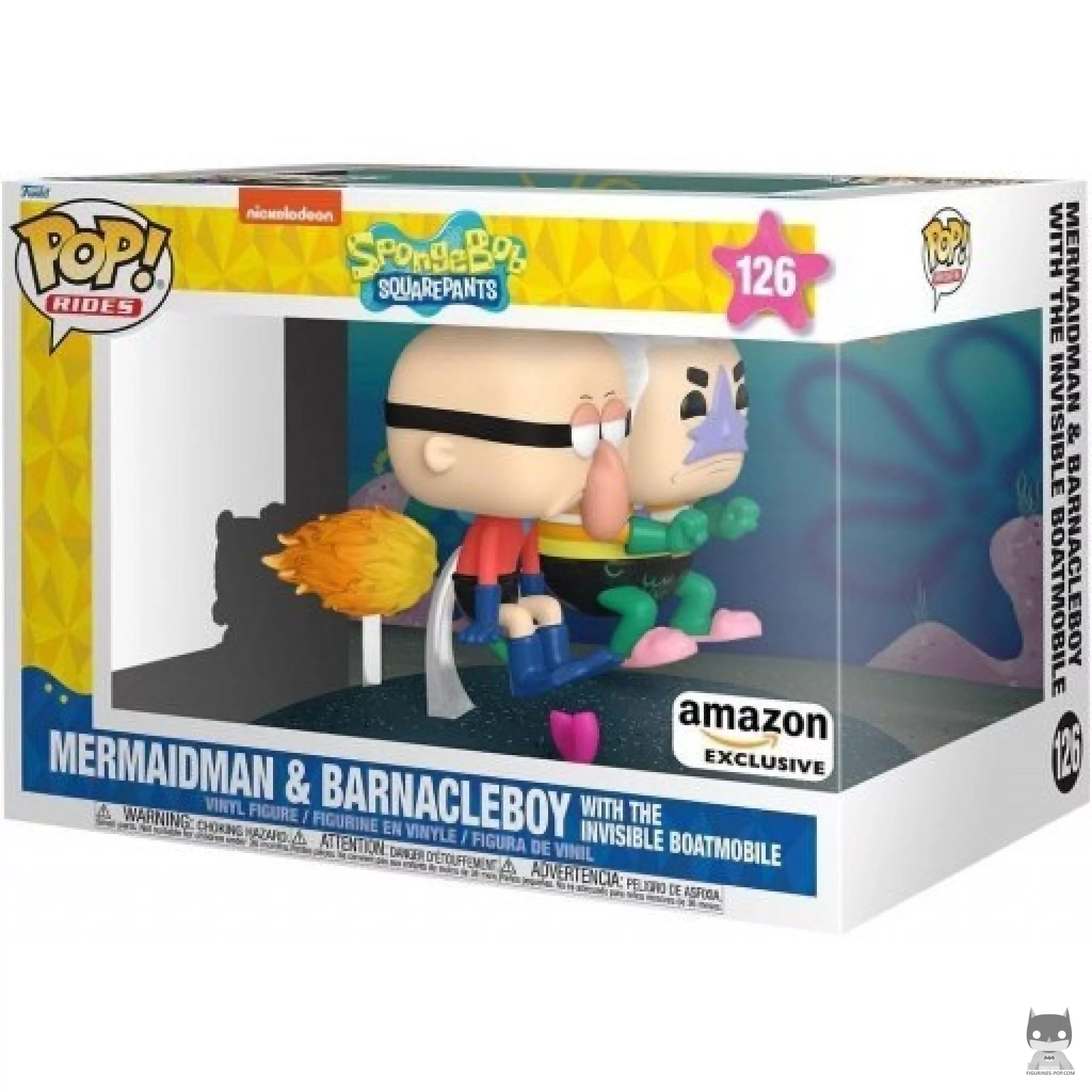 Figura Funko Pop! Sirenoman & Chico Percebe con el Barcomóvil invisible en su caja