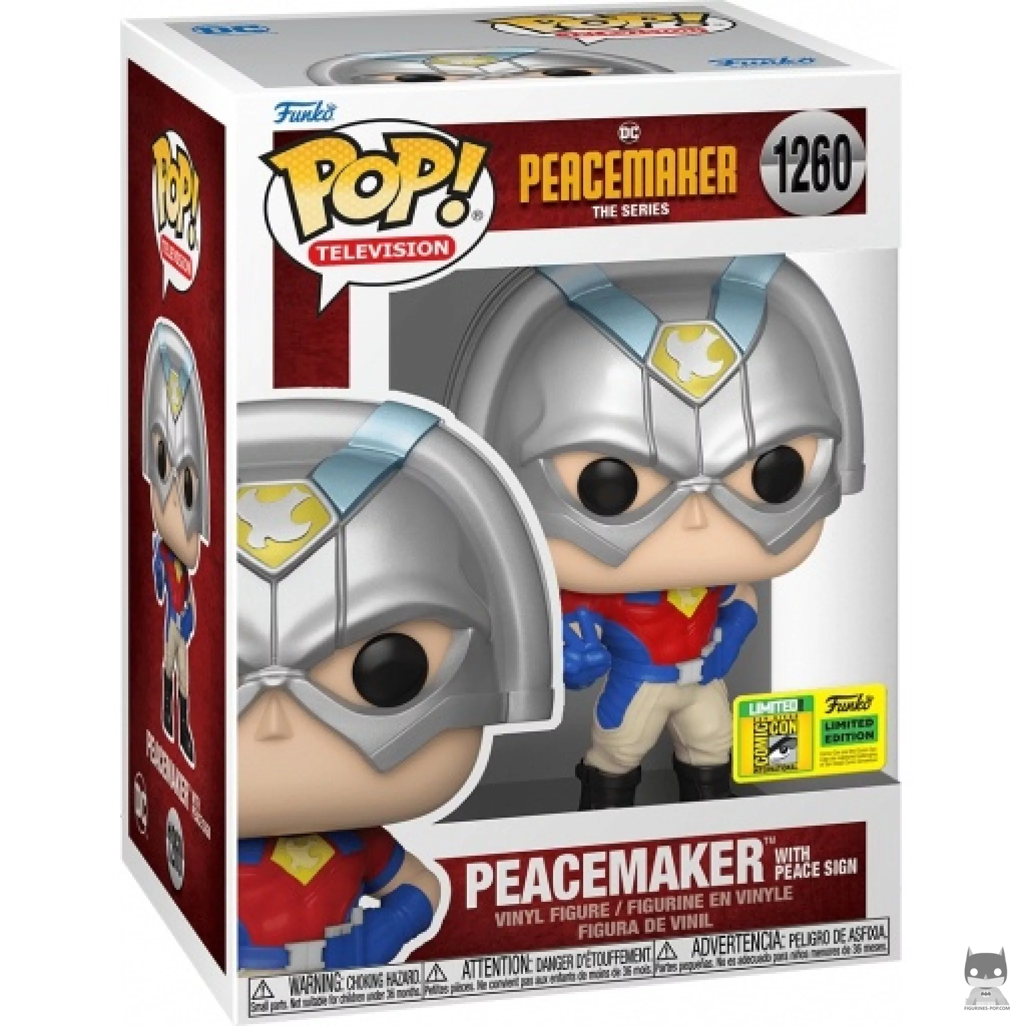 Figura Funko Pop! Peacemaker con el símbolo de la paz en su caja