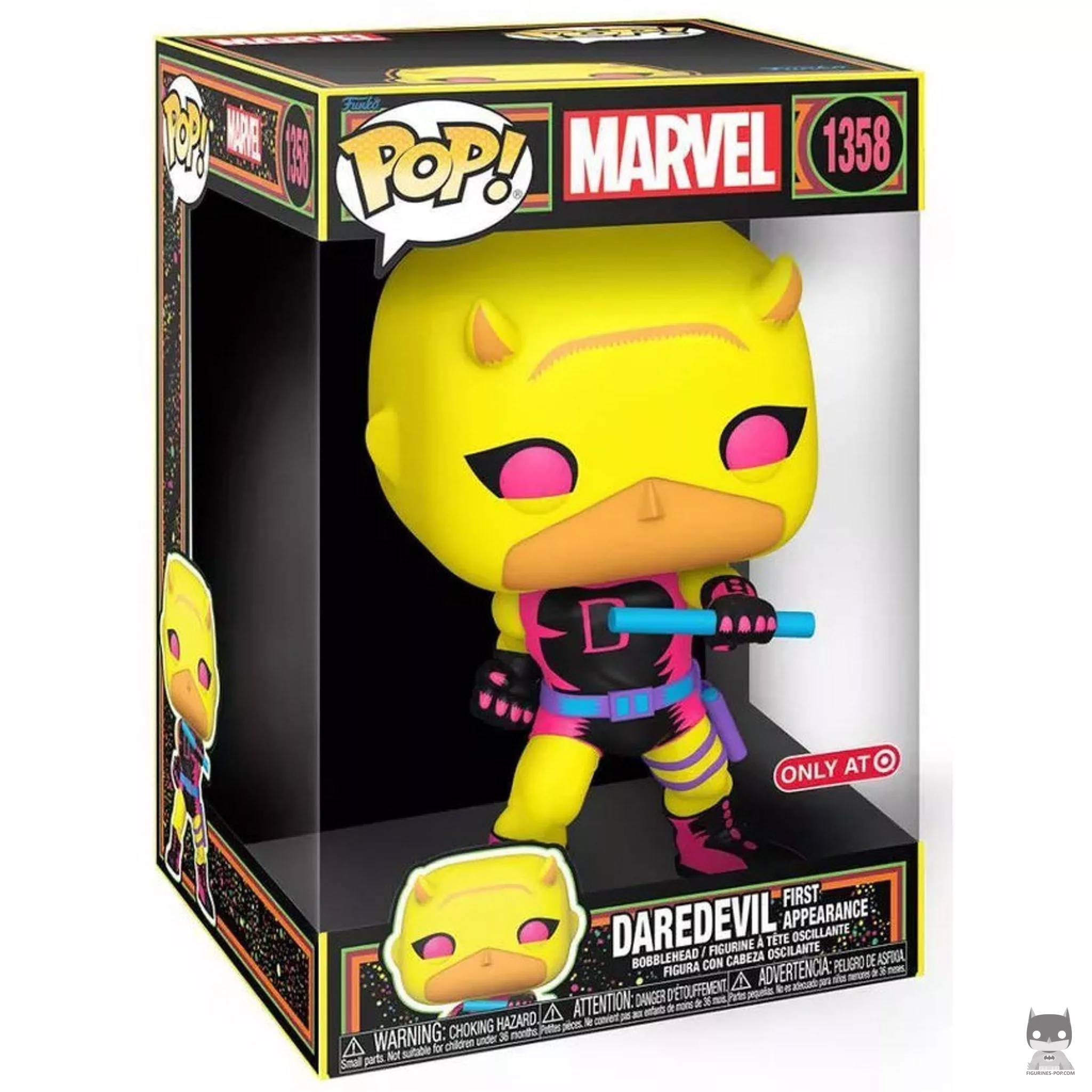 Figura Funko Pop! Daredevil (Primera aparición) (Luz negra) en su caja