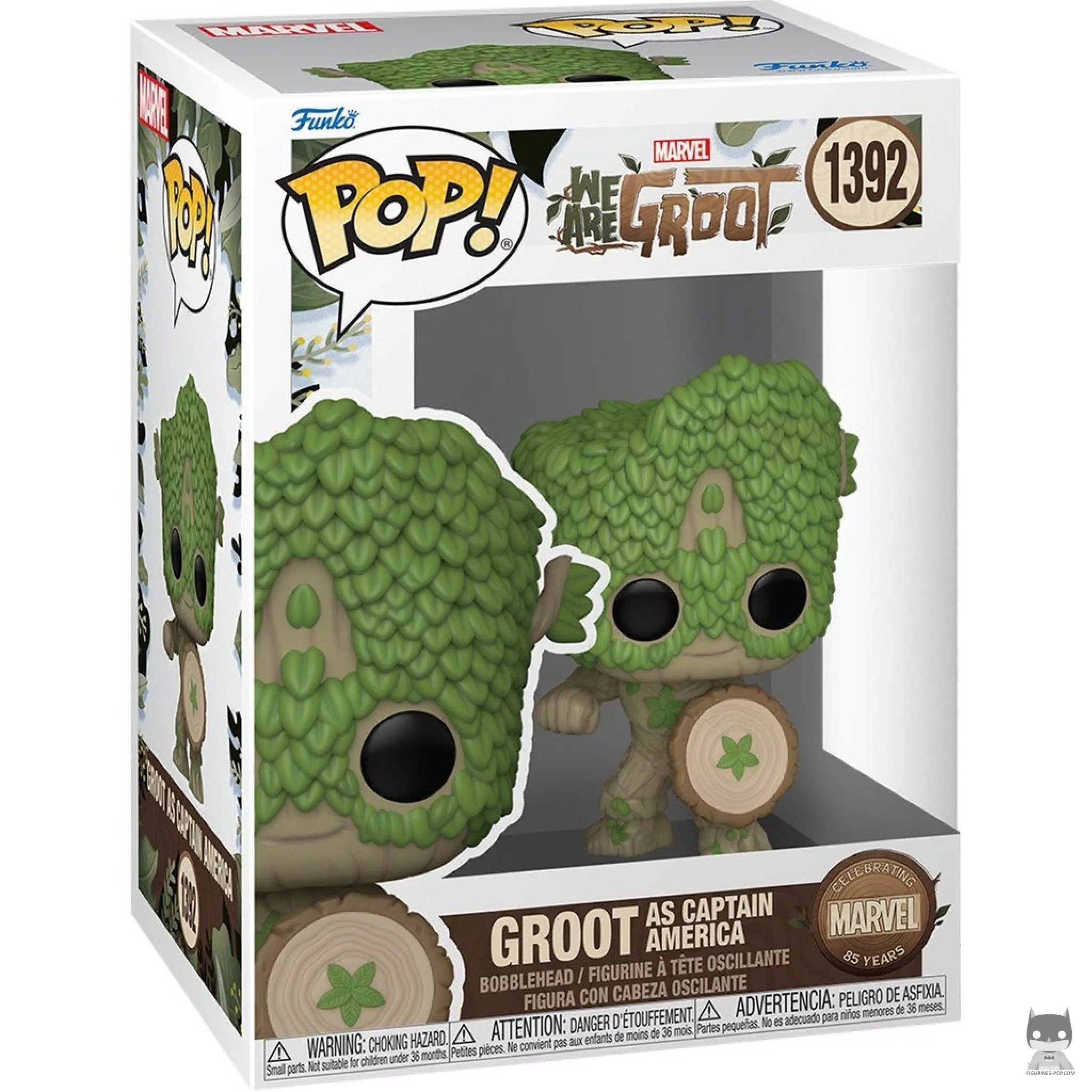 Figura Funko Pop! Groot como Capitán América en su caja