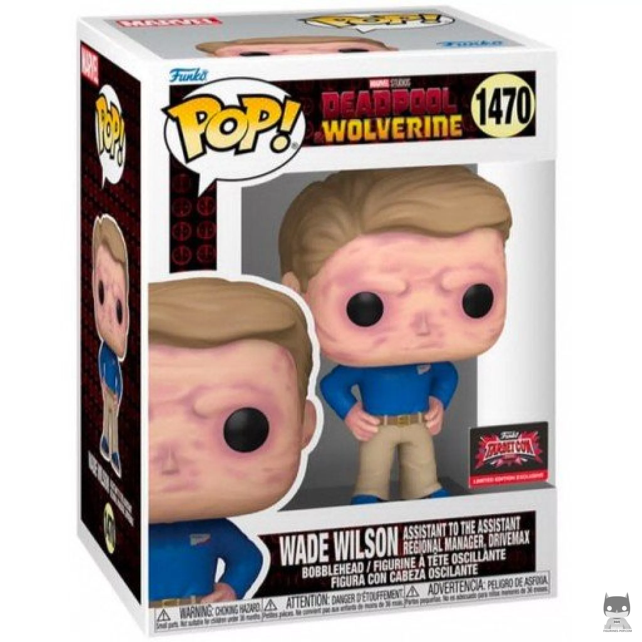 Figura Funko Pop! Wade Wilson, ayudante del ayudante del gerente regional de Drivemax en su caja