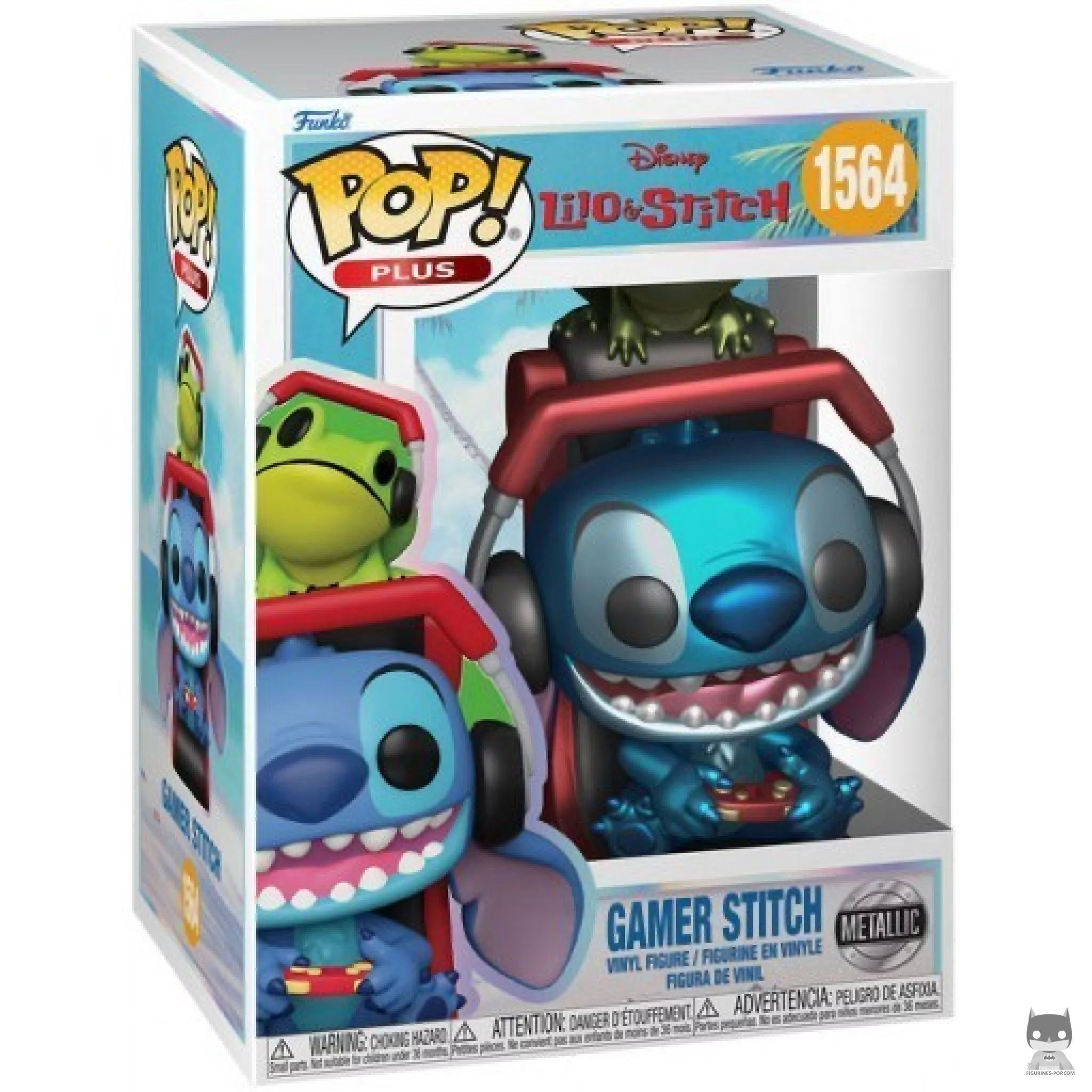 Figura Funko Pop! Stitch gamer (Metalizado) en su caja