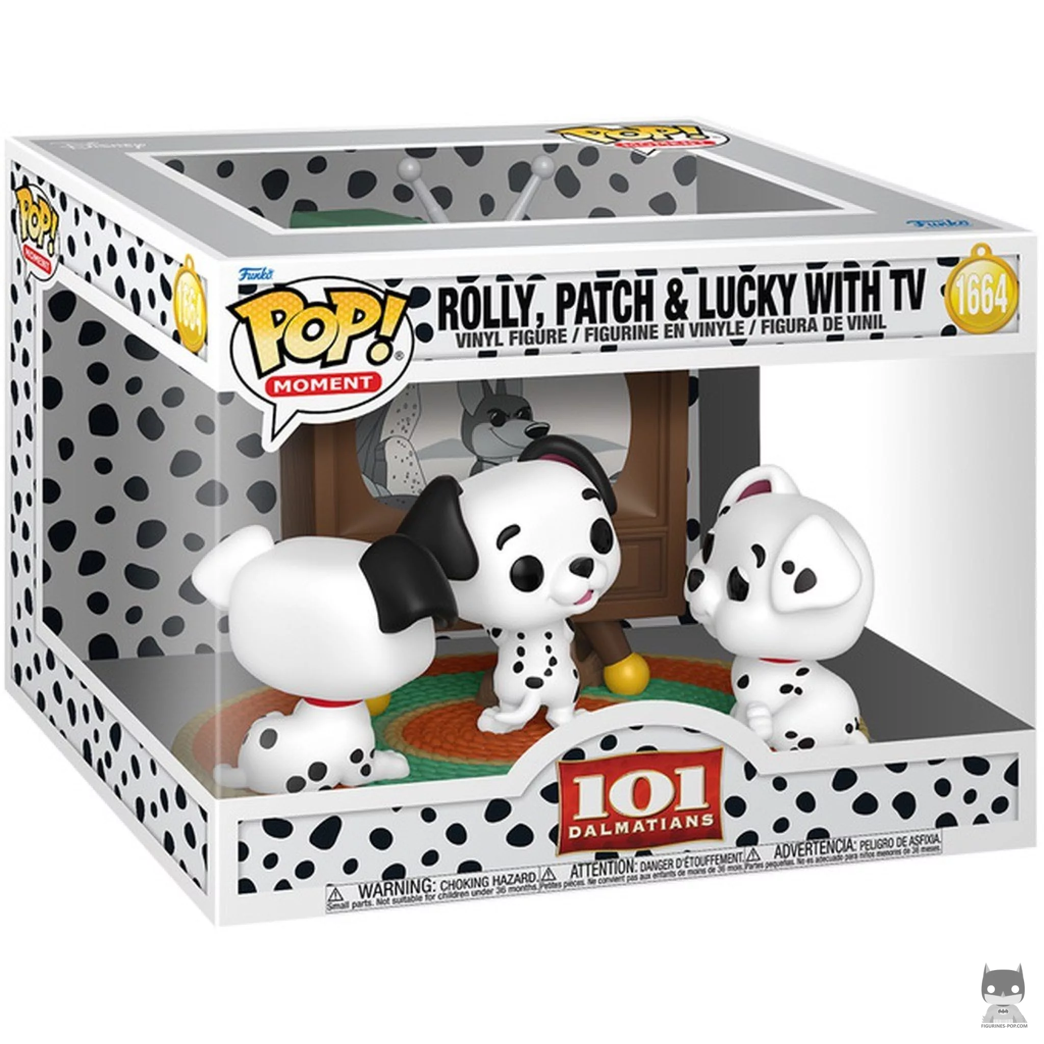 Figura Funko Pop! Rolly, Patch & Lucky con la tele en su caja