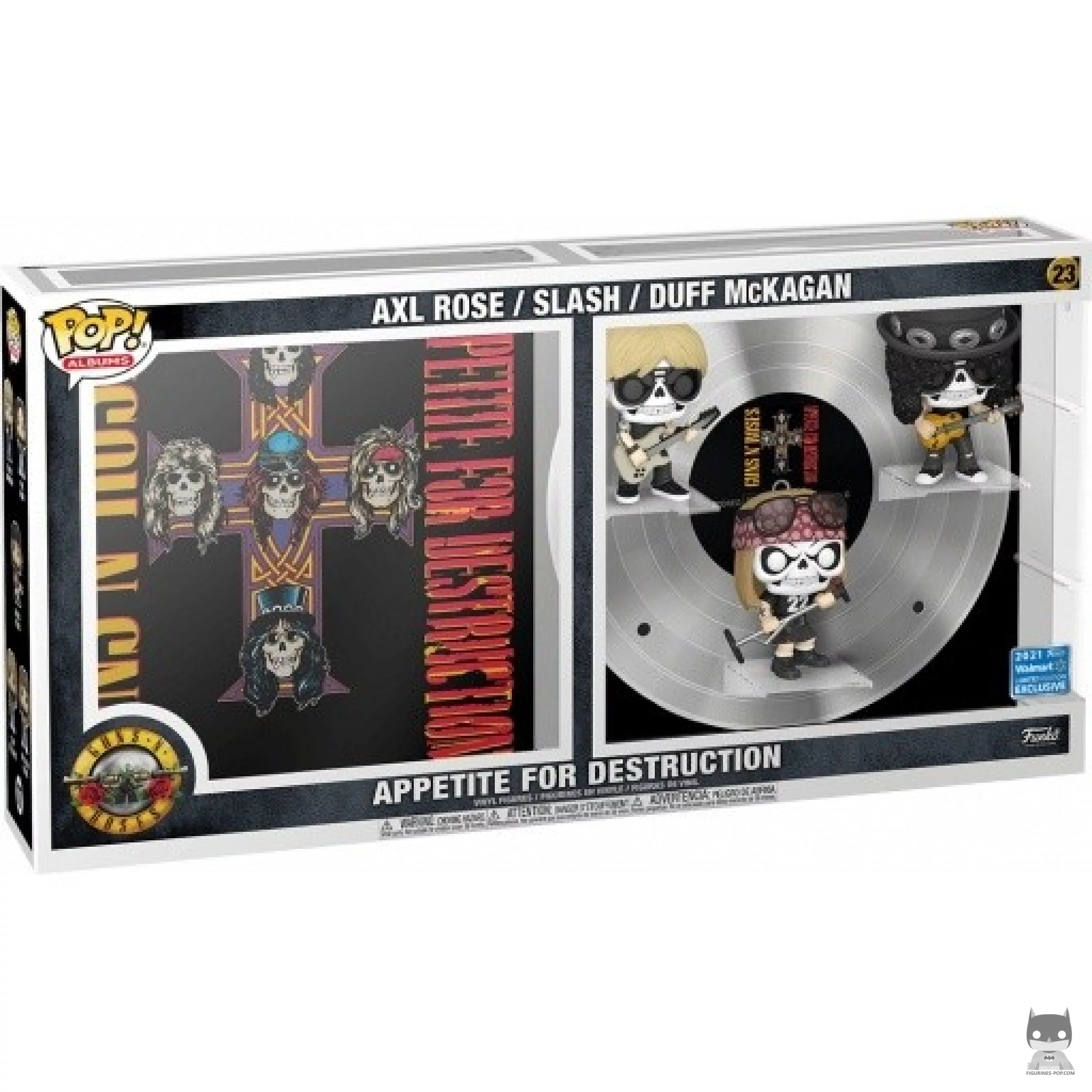 Figura Funko Pop! Guns N' Roses: Appetite for Destruction (Axl Rose, Slash & Duff McKagan) en su caja