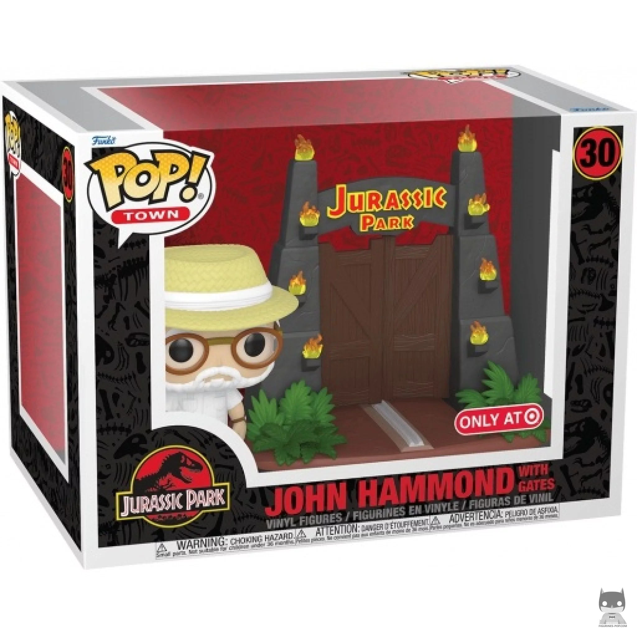 Figura Funko Pop! John Hammond con las puertas de Parque Jurásico en su caja