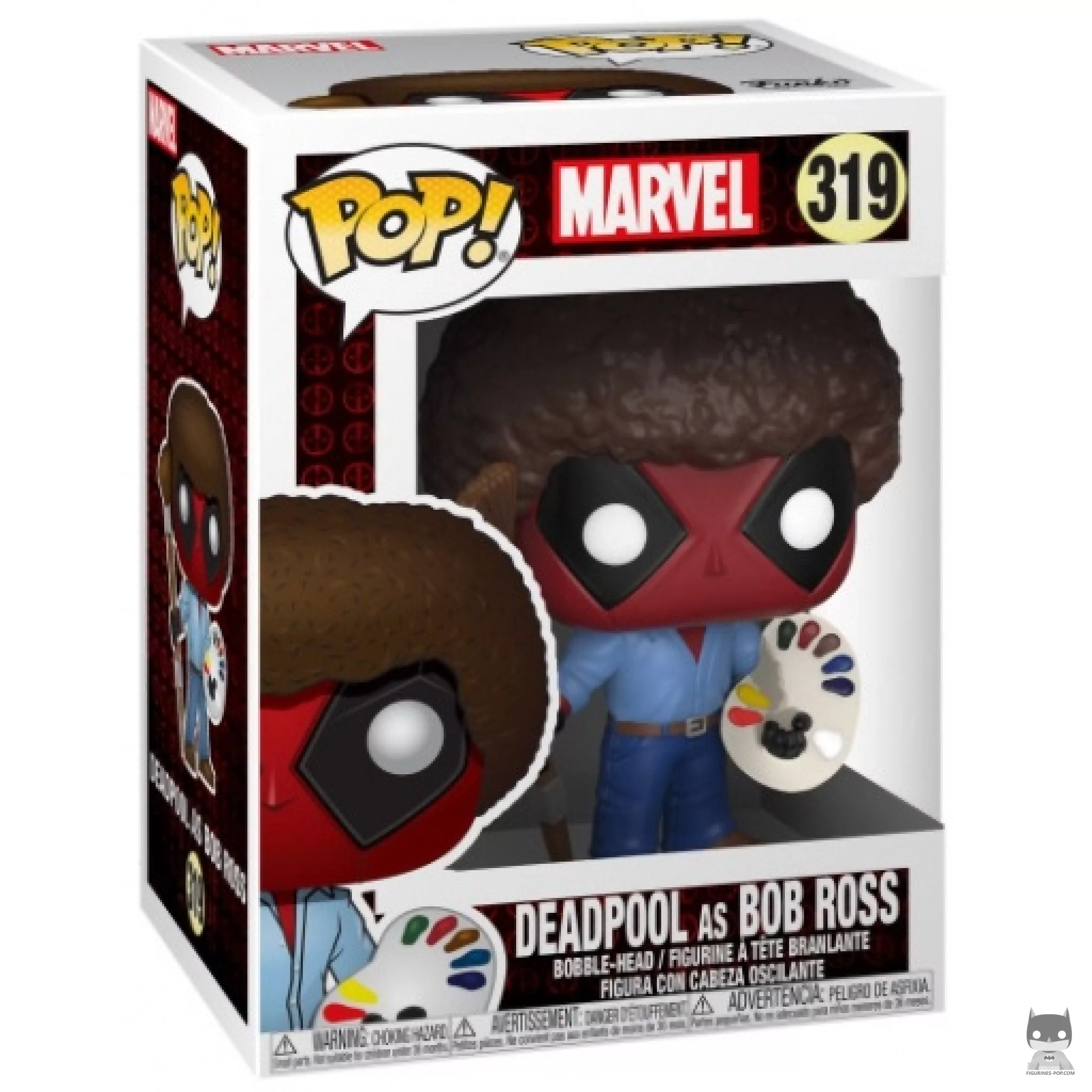 Figura Funko Pop! Deadpool como Bob Ross en su caja