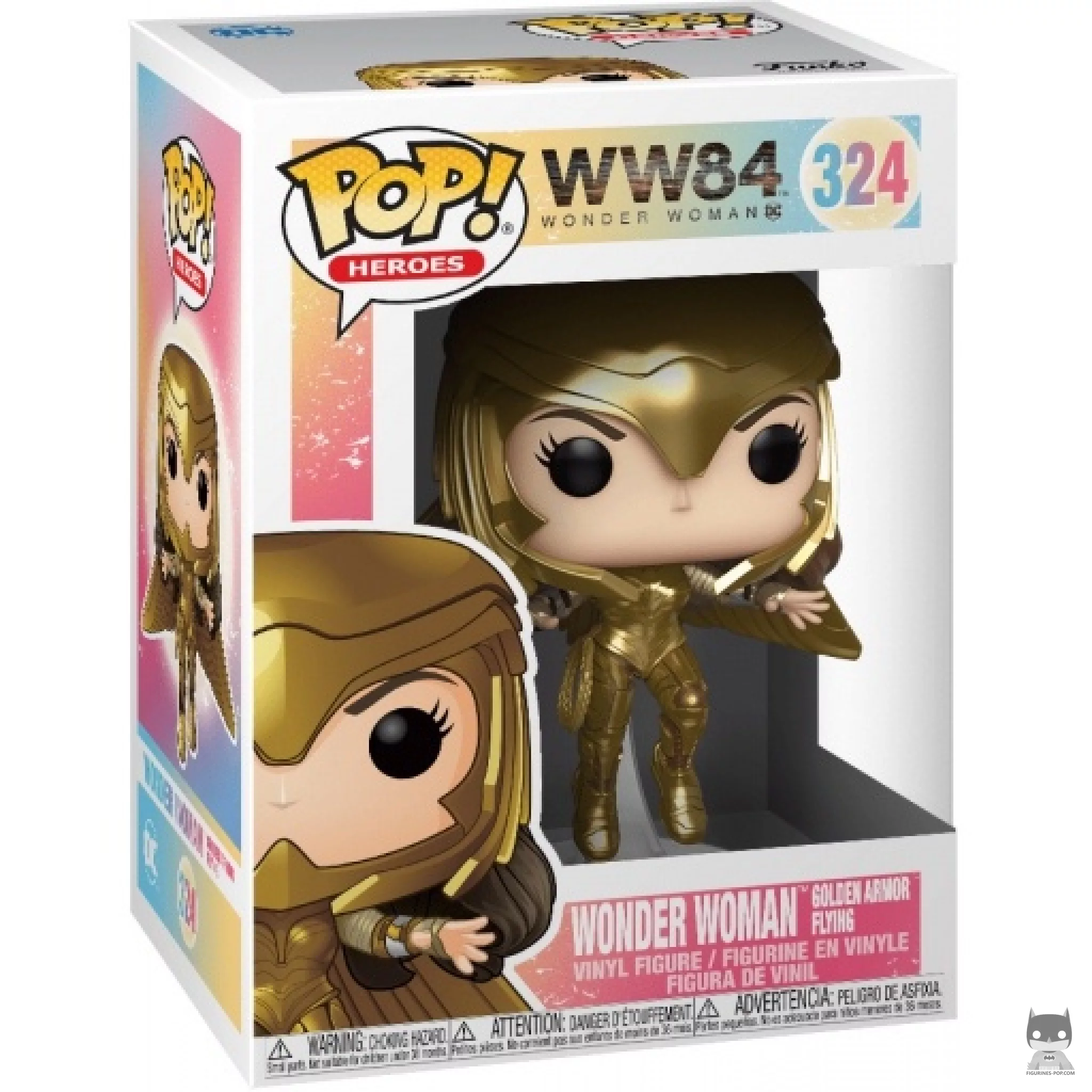 Figura Funko Pop! Wonder Woman armadura dorada volando (Metalizado) en su caja