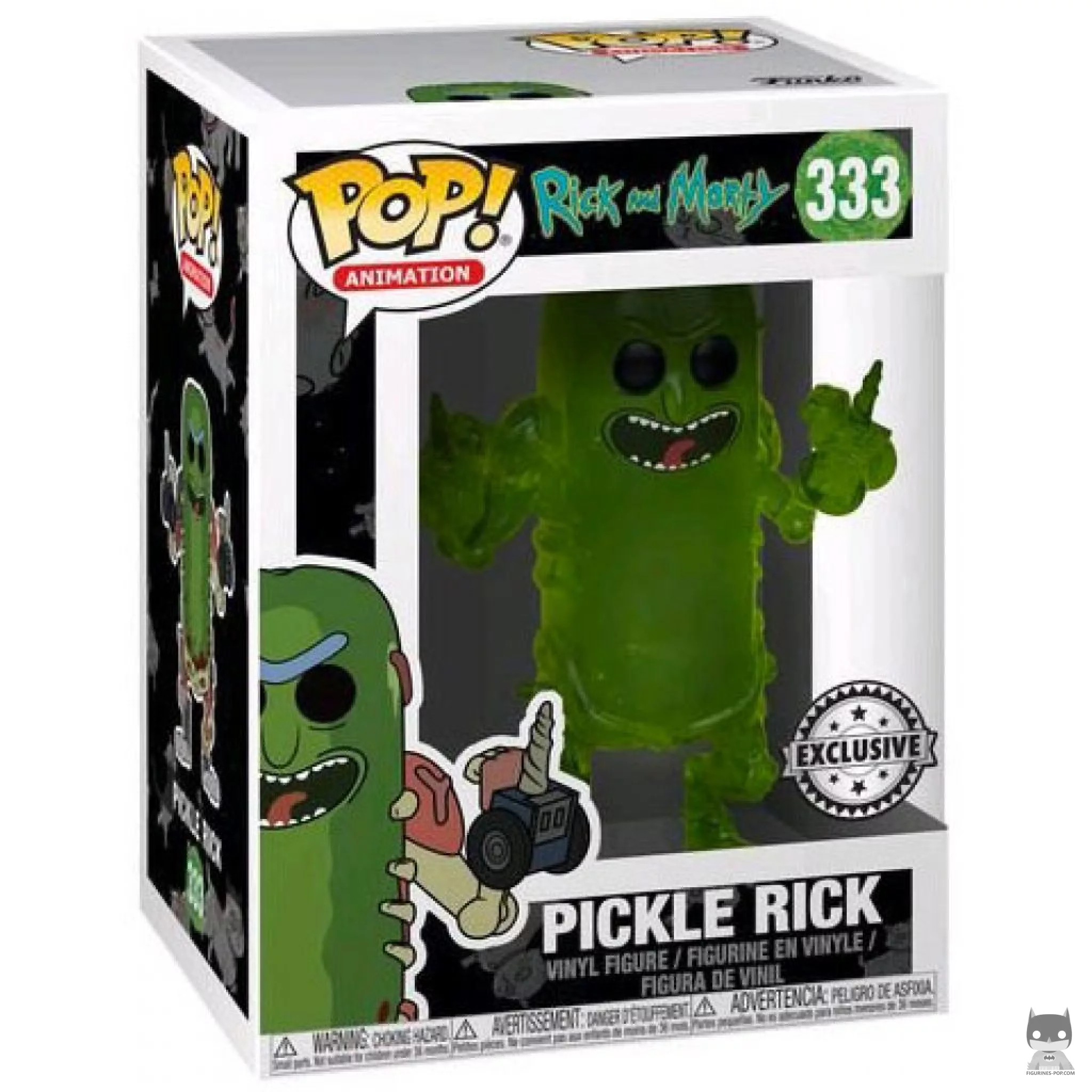 Figura Funko Pop! Pepinillo Rick (Translúcido) en su caja