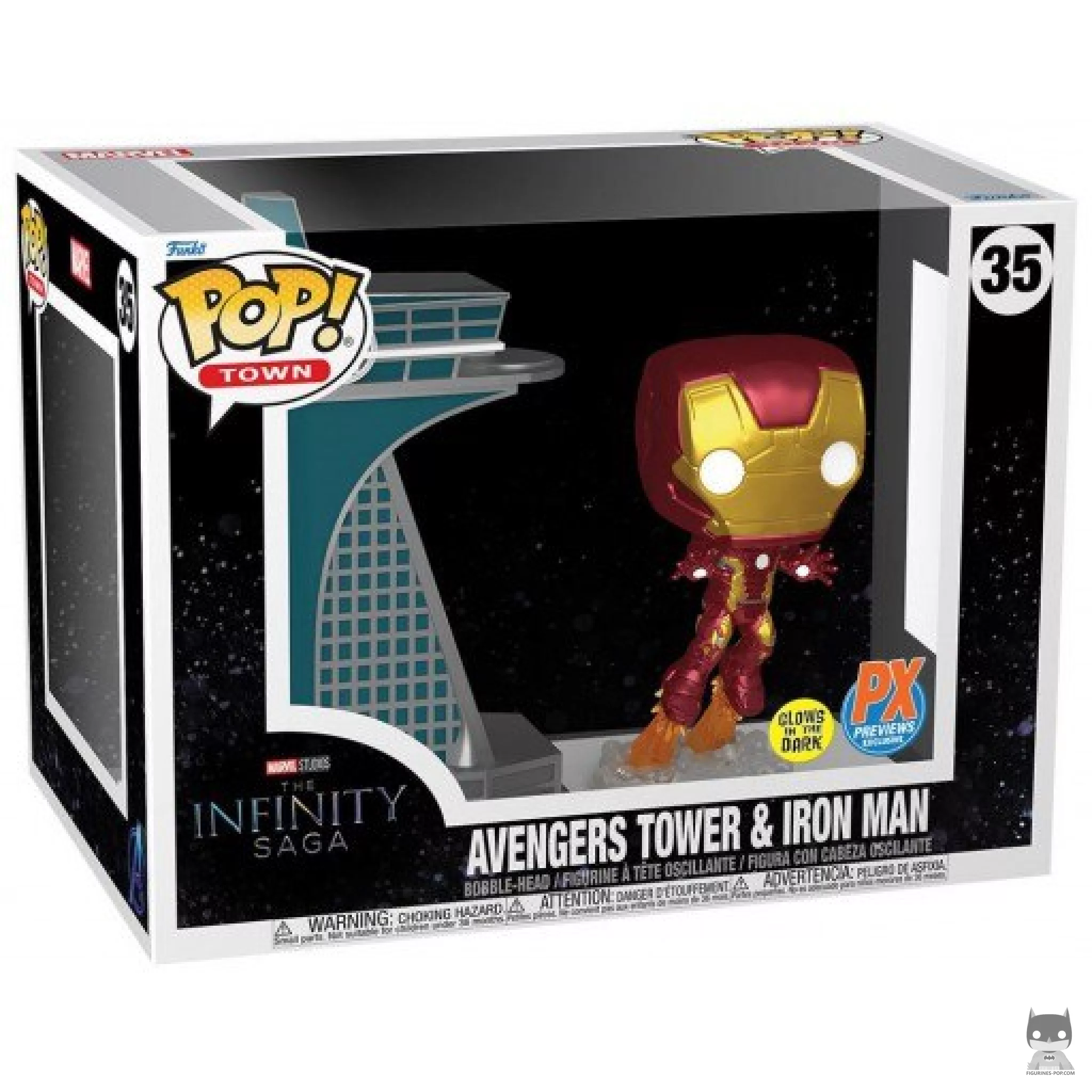 Figura Funko Pop! Torre de los Vengadores con Iron Man (Brilla en la oscuridad) en su caja