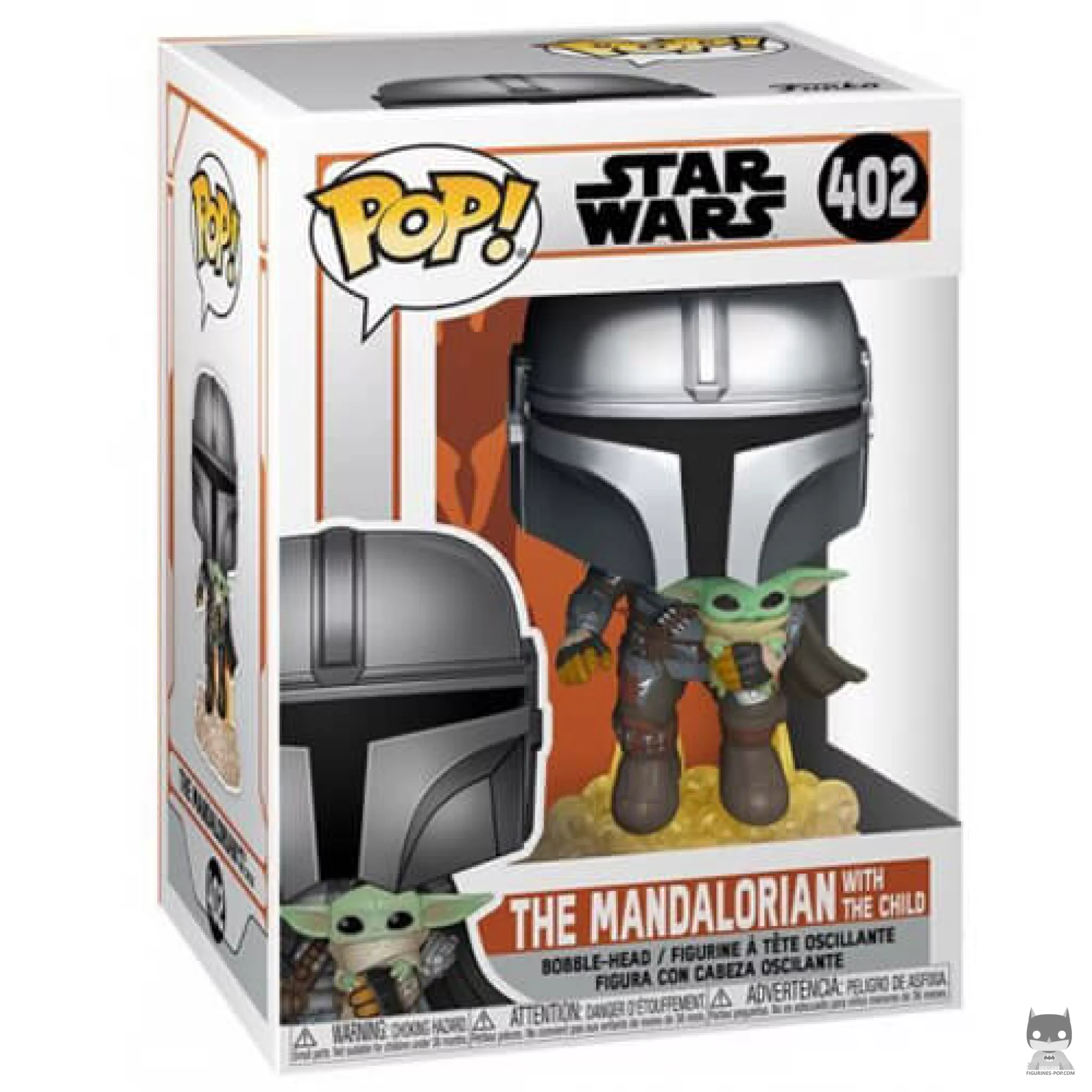 Figura Funko Pop! El Mandaloriano volando con mochila propulsora con El Niño en su caja