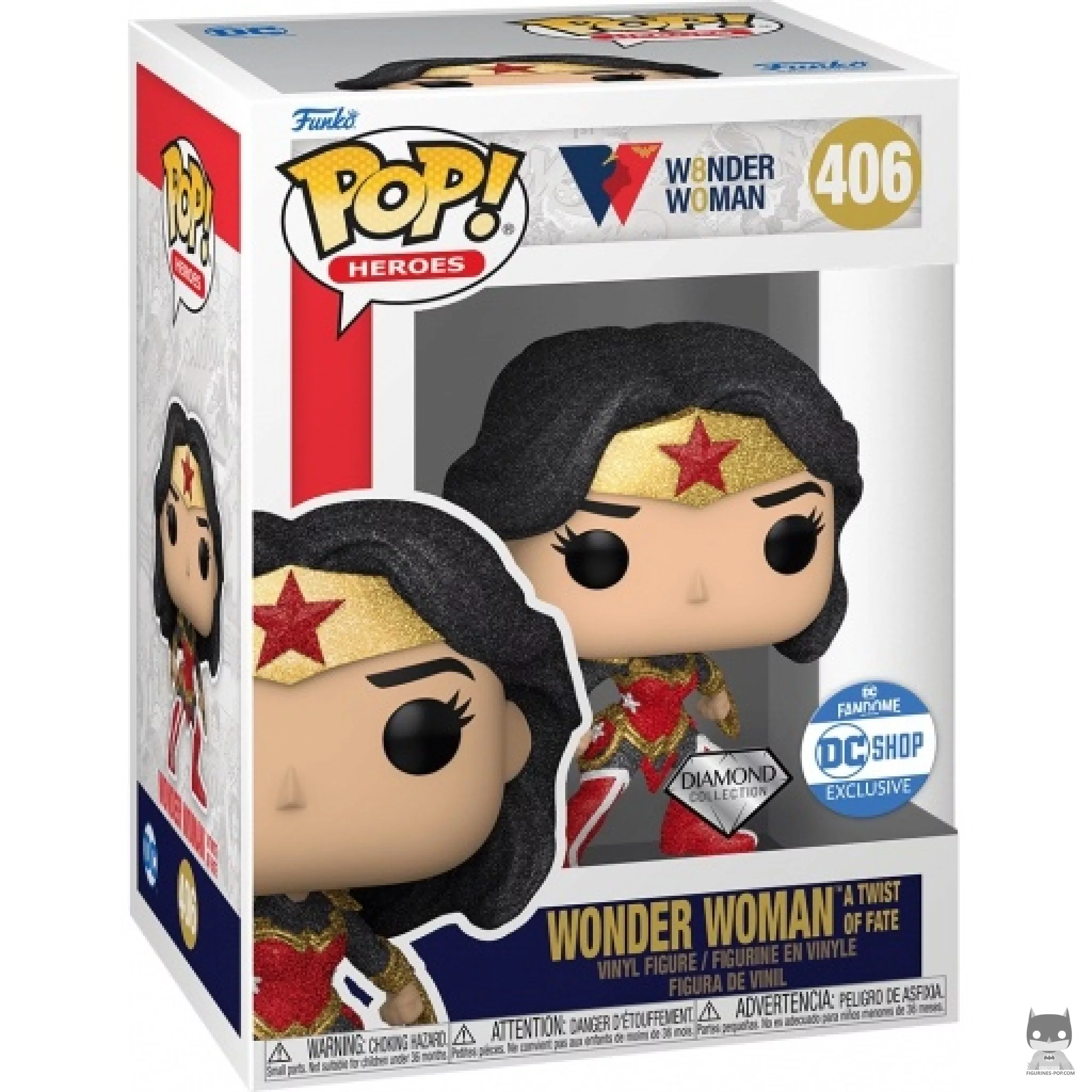 Figura Funko Pop! Wonder Woman A Twist of Fate (Purpurina de diamante) en su caja