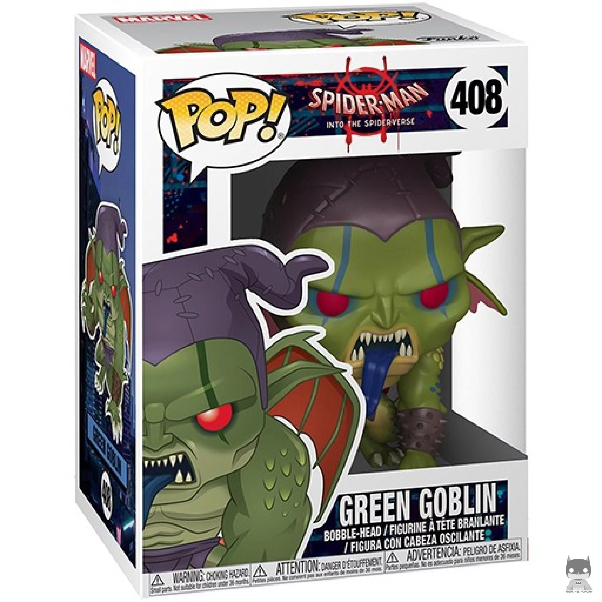 Figura Funko Pop! Duende Verde (Un nuevo universo) en su caja