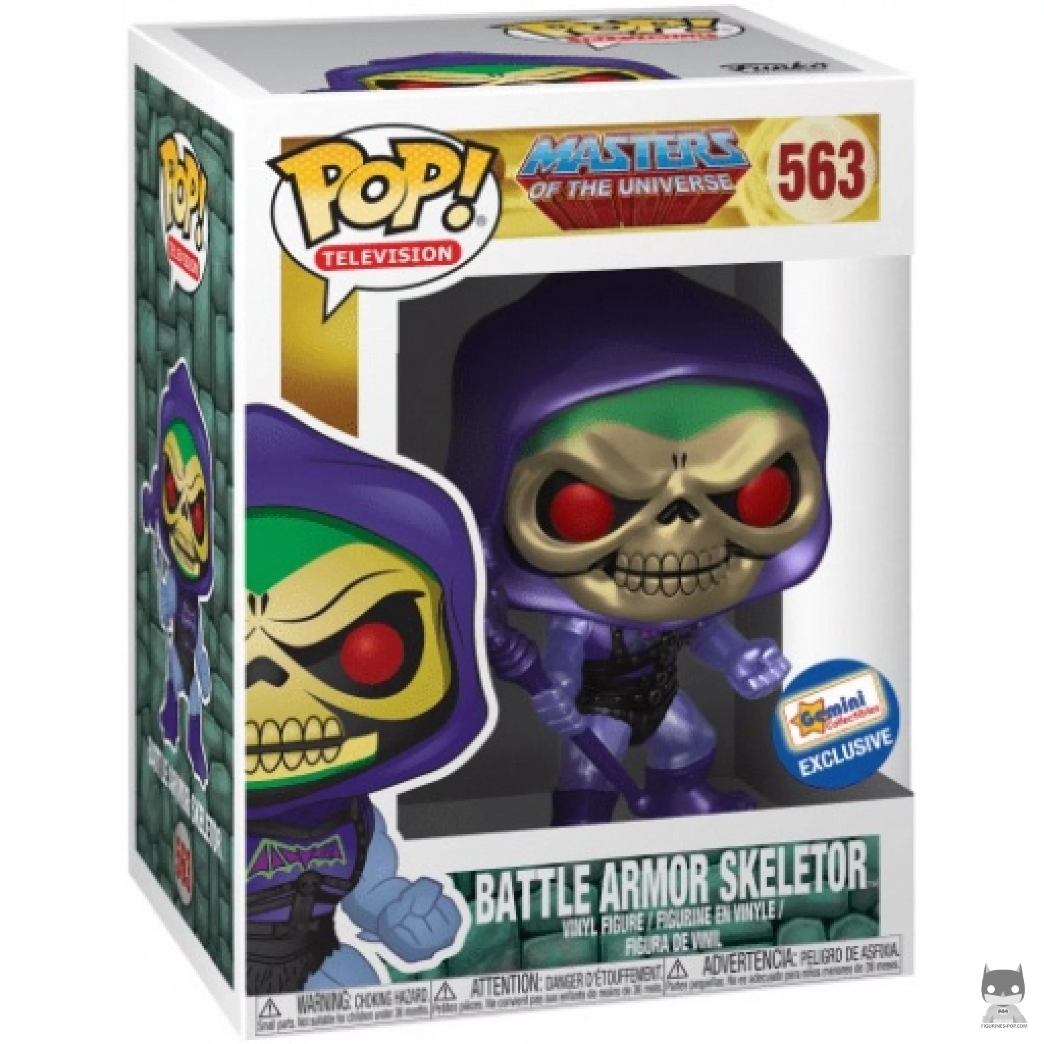 Figura Funko Pop! Skeletor con armadura de batalla (Metalizado) en su caja