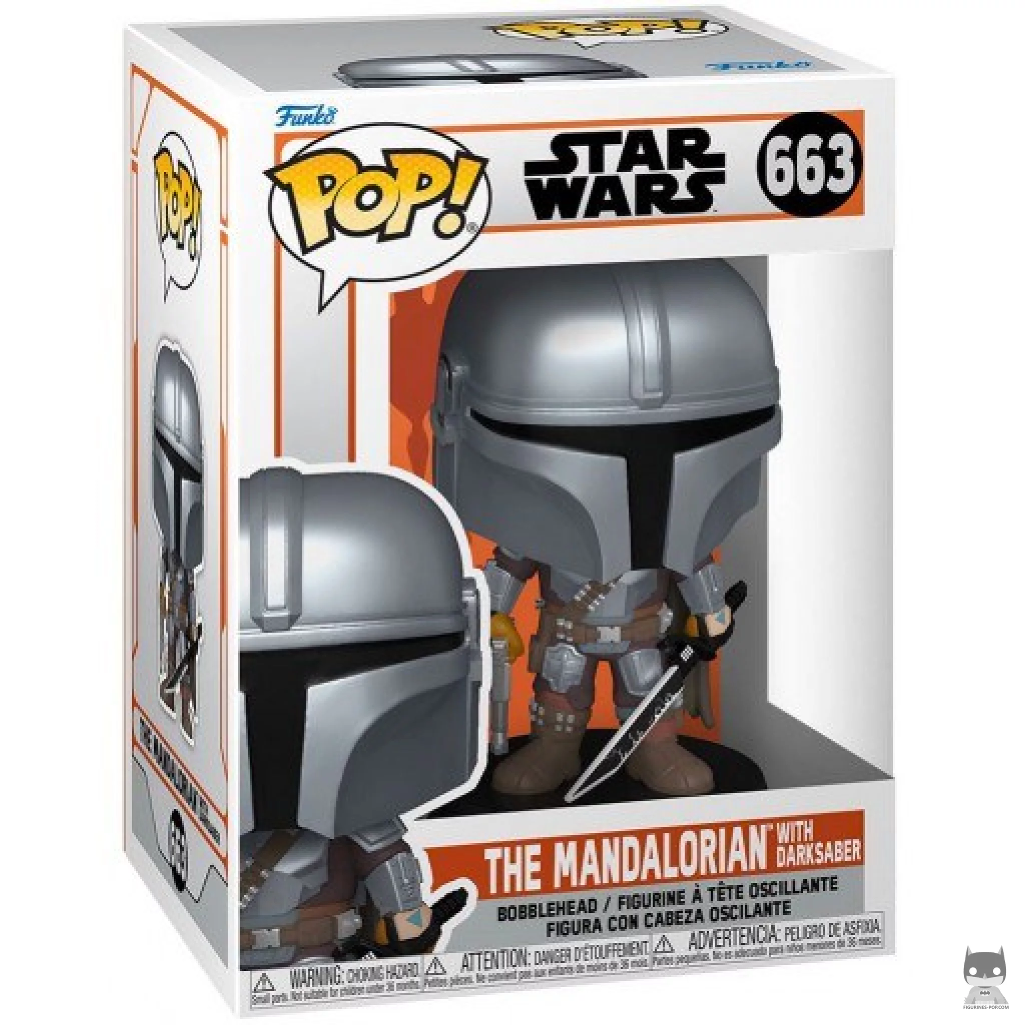 Figura Funko Pop! Mandaloriano con el Sable Oscuro en su caja