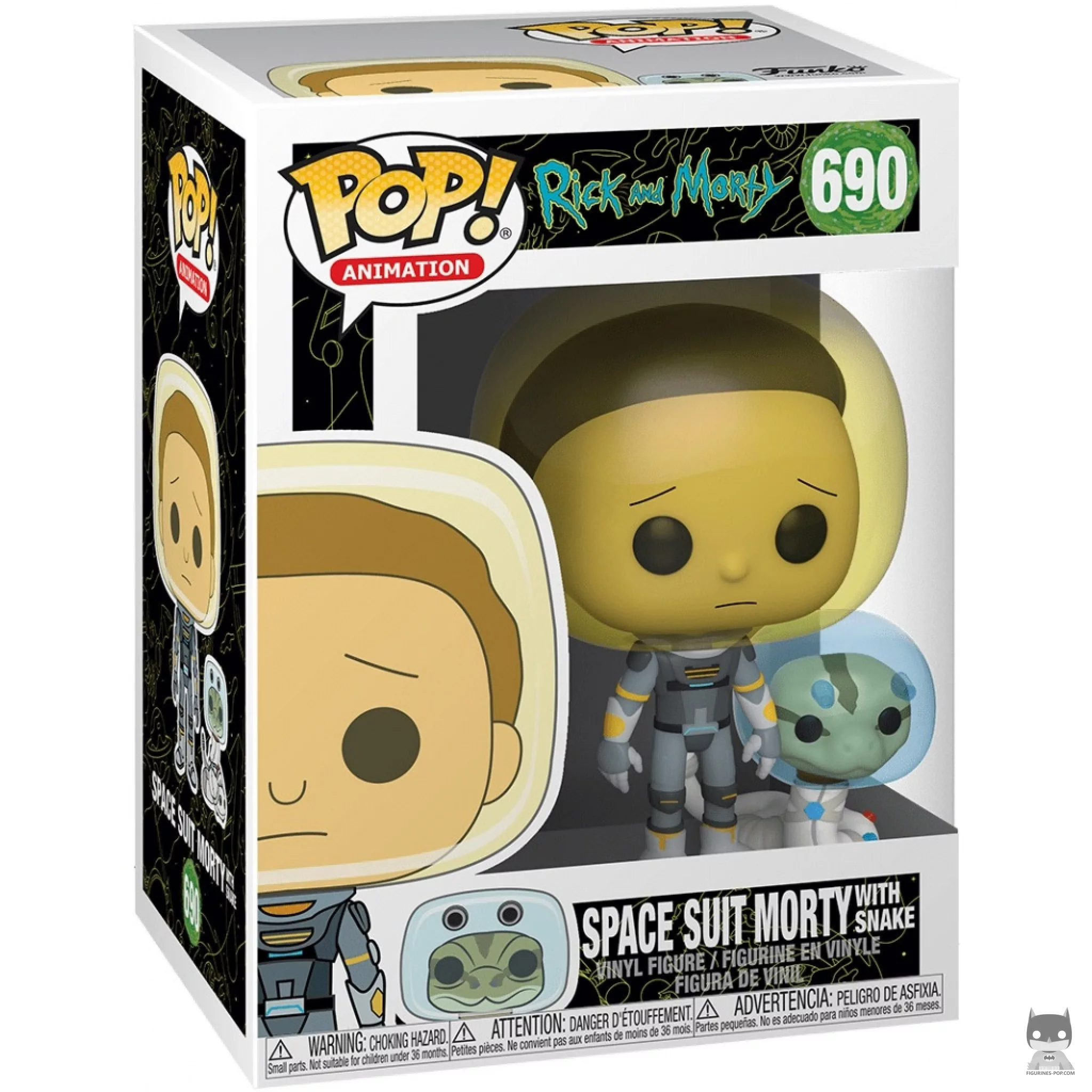 Figura Funko Pop! Morty con traje espacial y serpiente en su caja