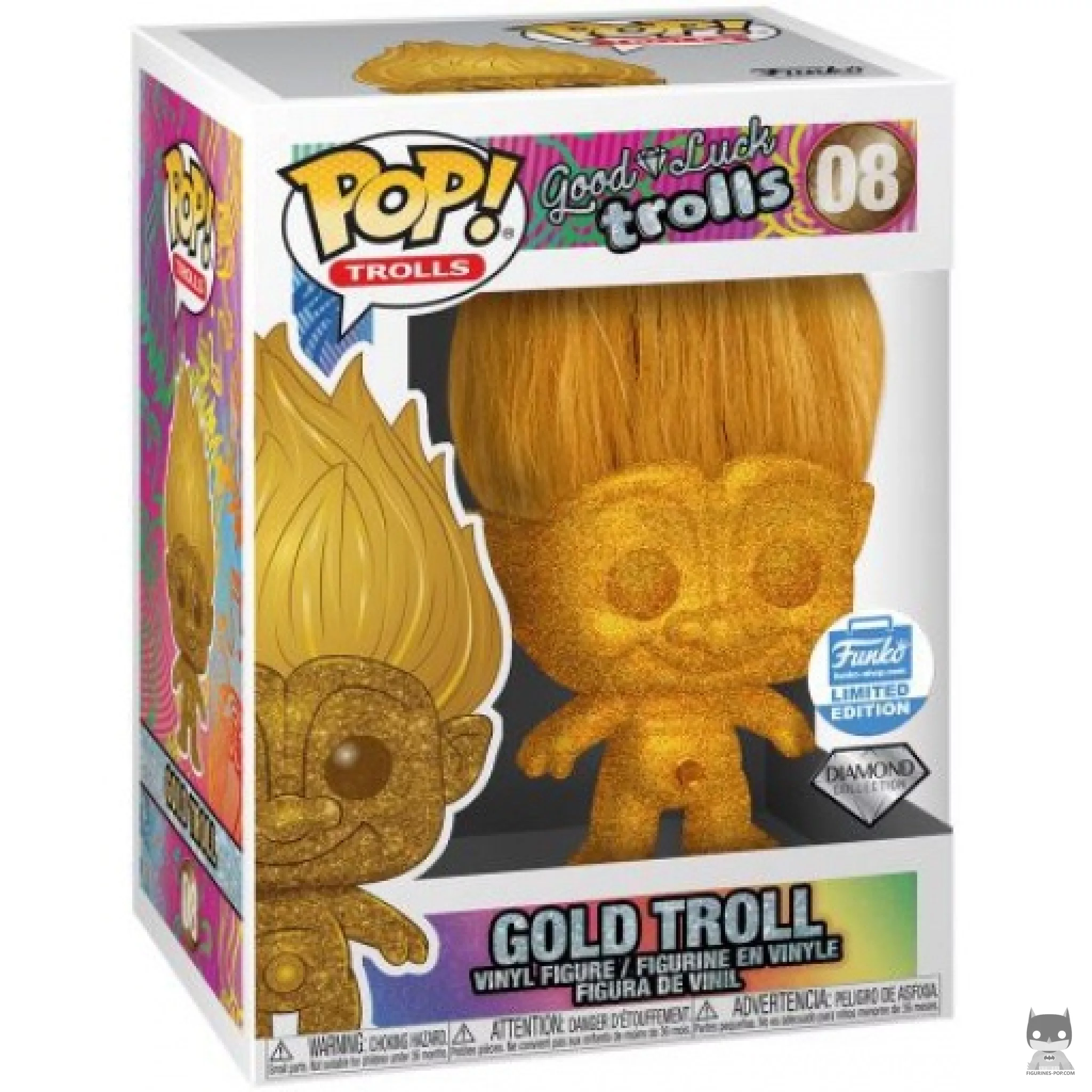 Figura Funko Pop! Troll dorado (Purpurina de diamante) en su caja