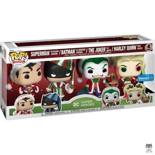Figura Funko Pop! Superman con jersey navideño, Batman como Ebenezer Scrooge, Joker como Papá Noel & Harley Quinn con ayudante (Walmart)