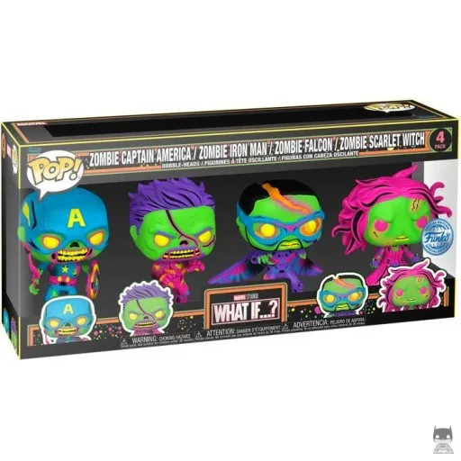 Figura Funko Pop! Capitán América zombi, Iron Man zombi, Halcón zombi & Bruja Escarlata zombi (Luz negra) (¿Qué pasaría si...?)